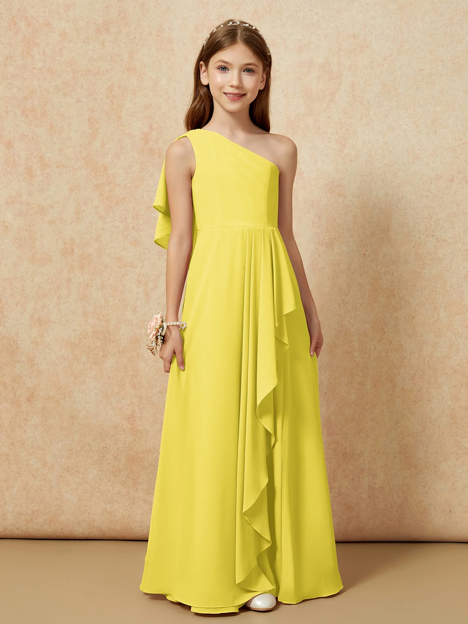 Eine Schulter A-Linie Lang Chiffon Junge Brautjungfernkleider Zitrone - Image 4