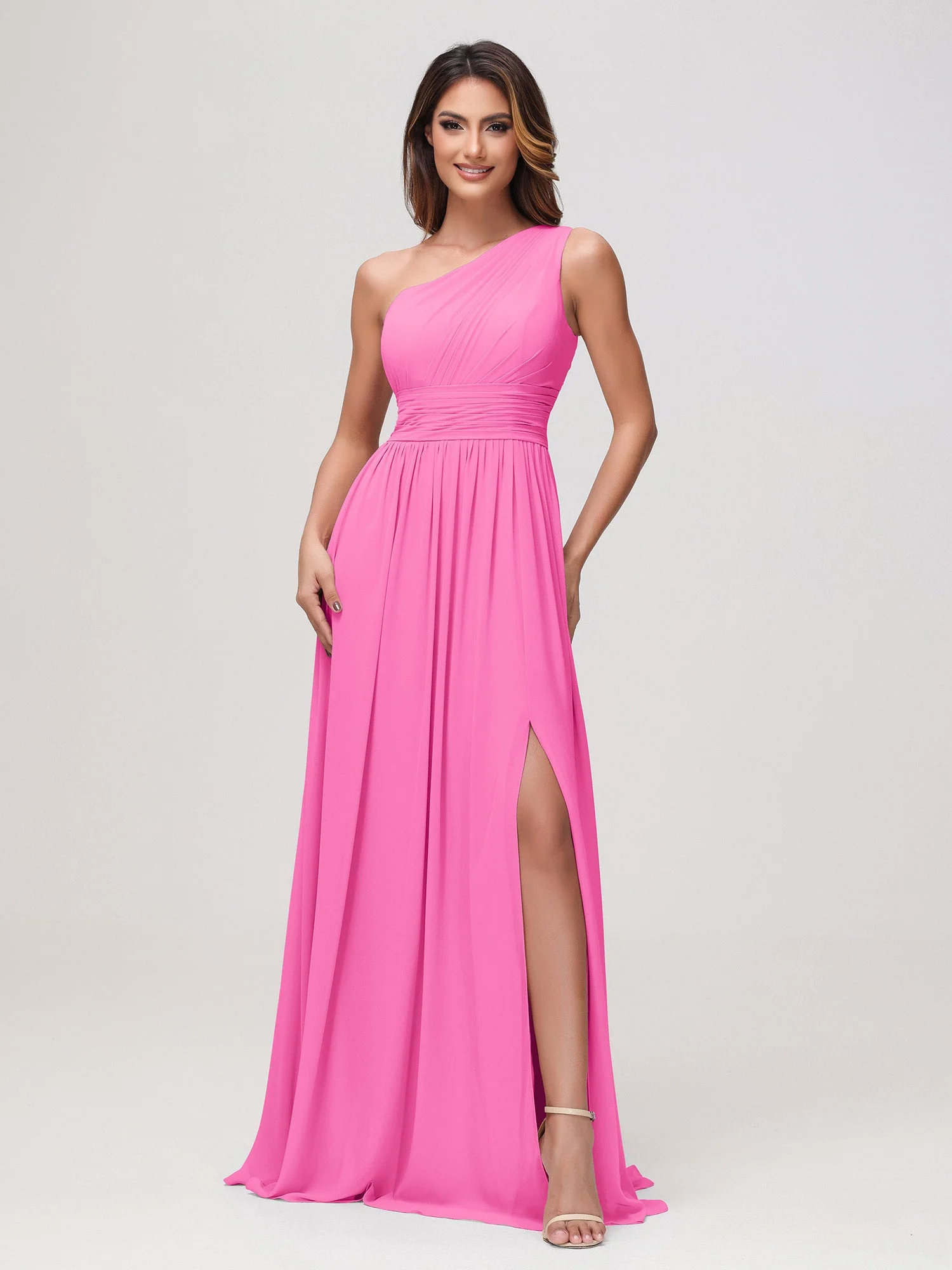 Eine Schulter Ärmellos Rüschen Chiffon A-Linie Kleid Azalee