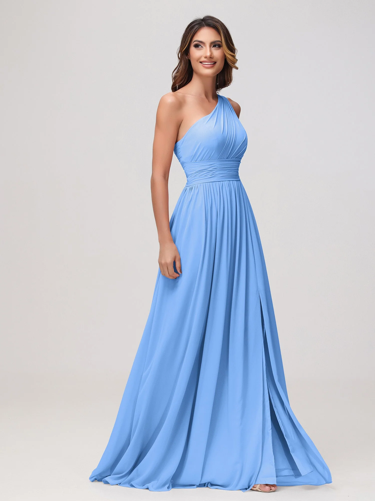 Eine Schulter Ärmellos Rüschen Chiffon A-Linie Kleid Blau - Image 3