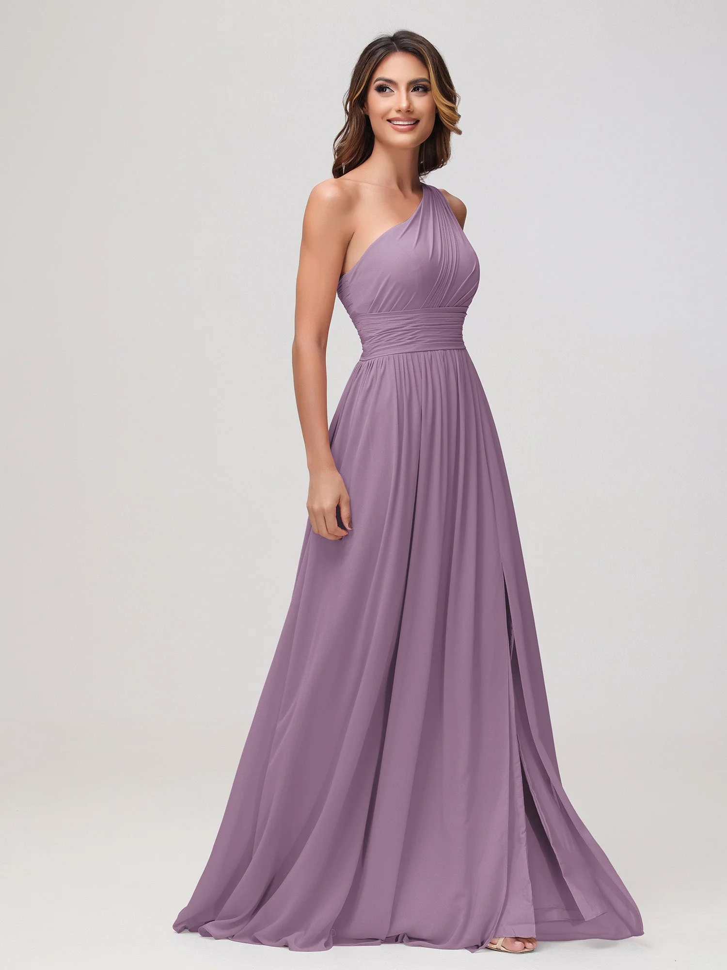 Eine Schulter Ärmellos Rüschen Chiffon A-Linie Kleid Blauregen - Image 3