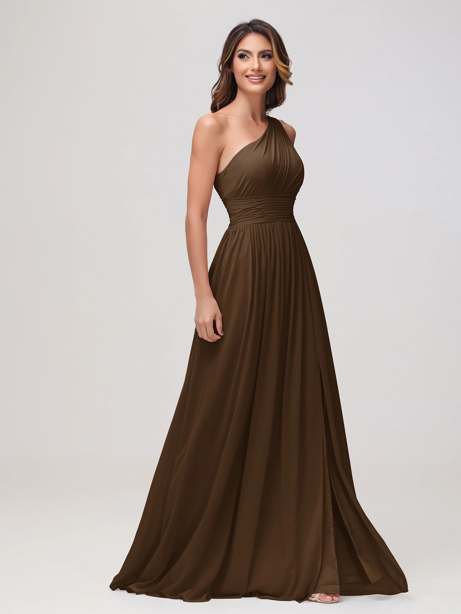 Eine Schulter Ärmellos Rüschen Chiffon A-Linie Kleid Braun - Image 3