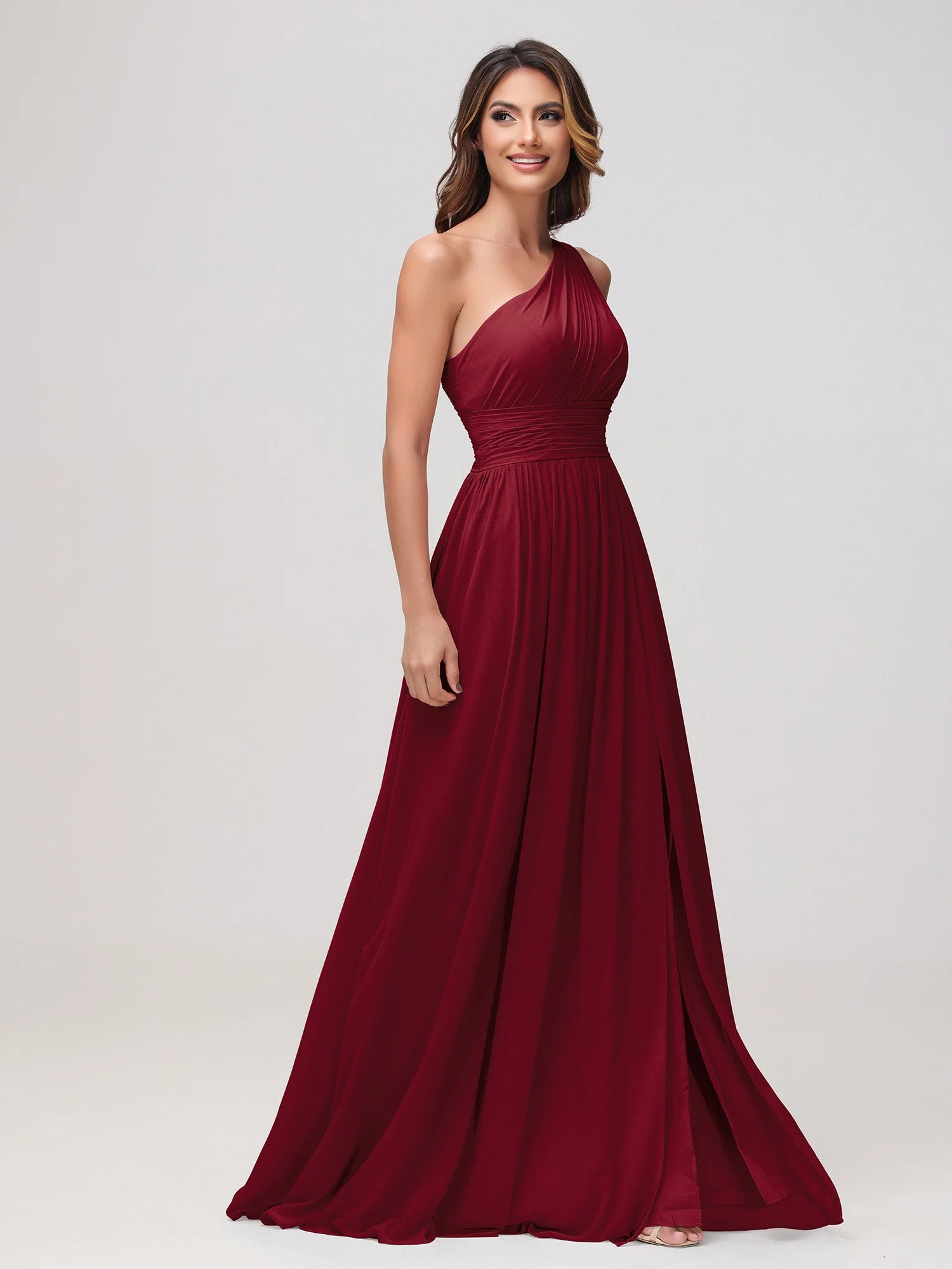 Eine Schulter Ärmellos Rüschen Chiffon A-Linie Kleid Burgunderrot - Image 3