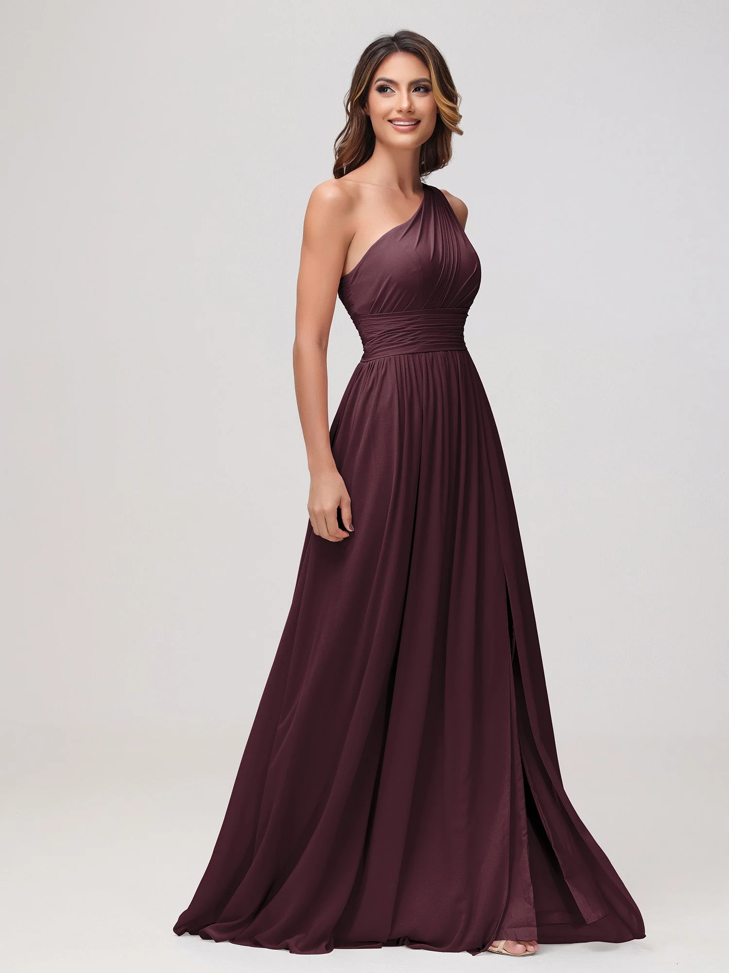 Eine Schulter Ärmellos Rüschen Chiffon A-Linie Kleid Cabernet - Image 3