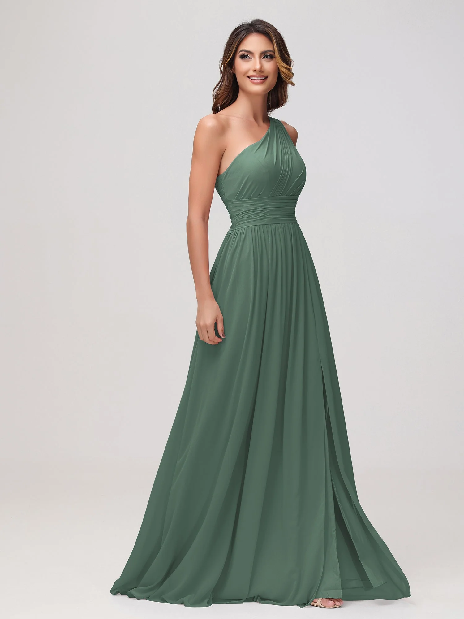 Eine Schulter Ärmellos Rüschen Chiffon A-Linie Kleid Eukalyptus - Image 3