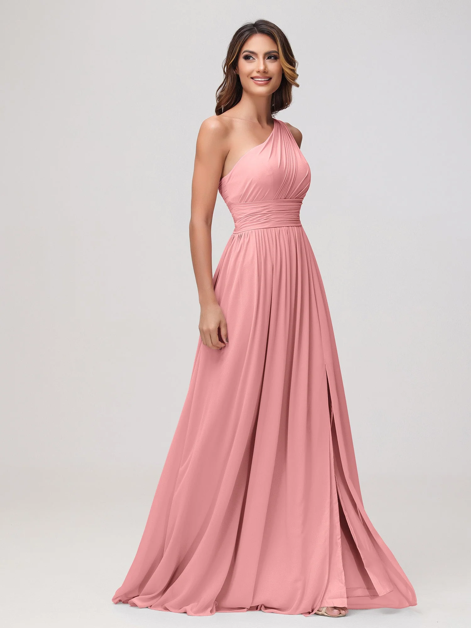 Eine Schulter Ärmellos Rüschen Chiffon A-Linie Kleid Flamingo - Image 3