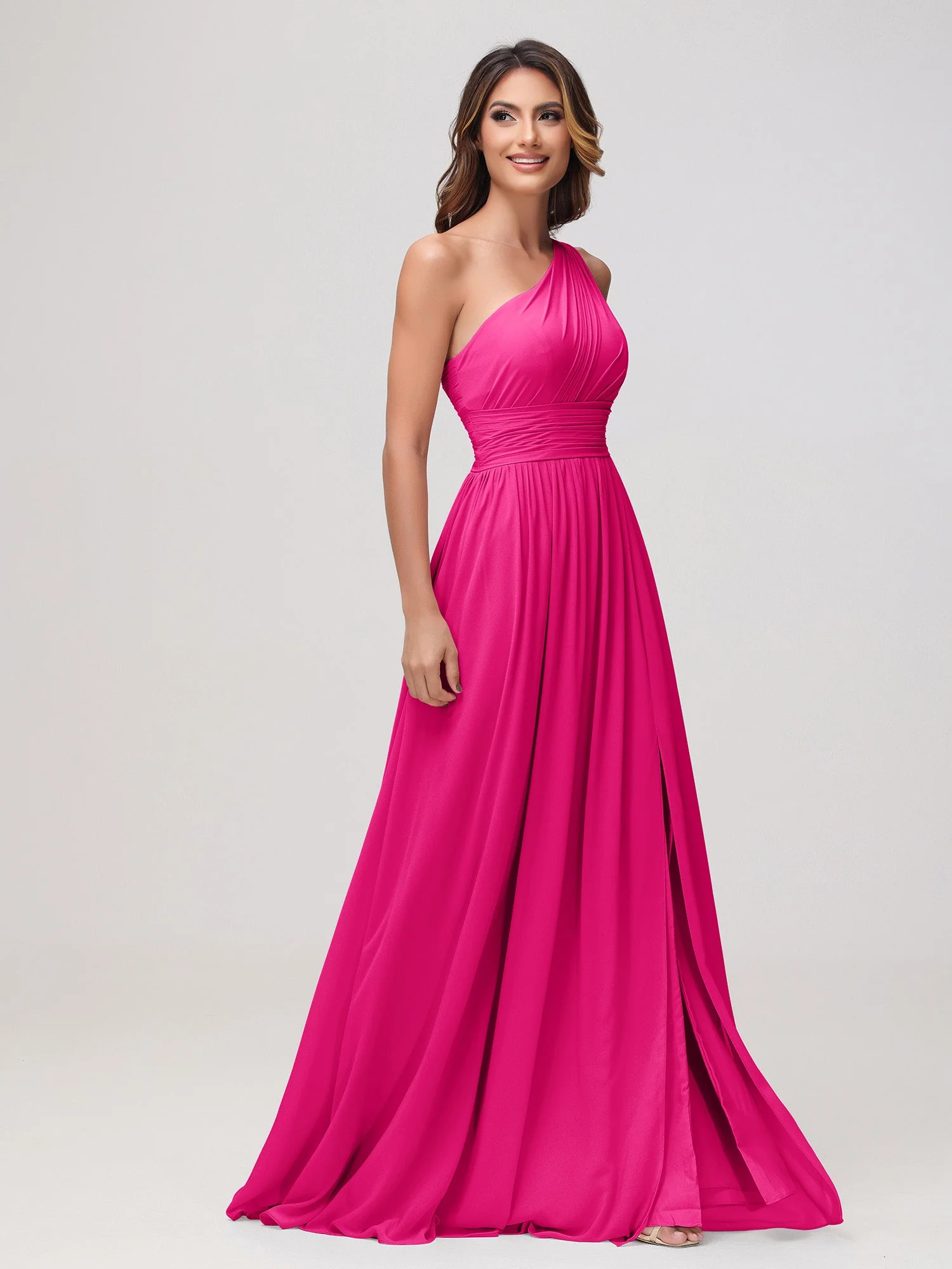 Eine Schulter Ärmellos Rüschen Chiffon A-Linie Kleid Fuchsia - Image 3