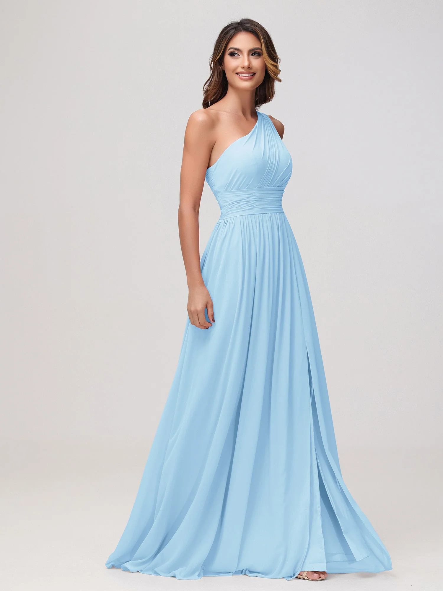 Eine Schulter Ärmellos Rüschen Chiffon A-Linie Kleid Himmelblau - Image 3