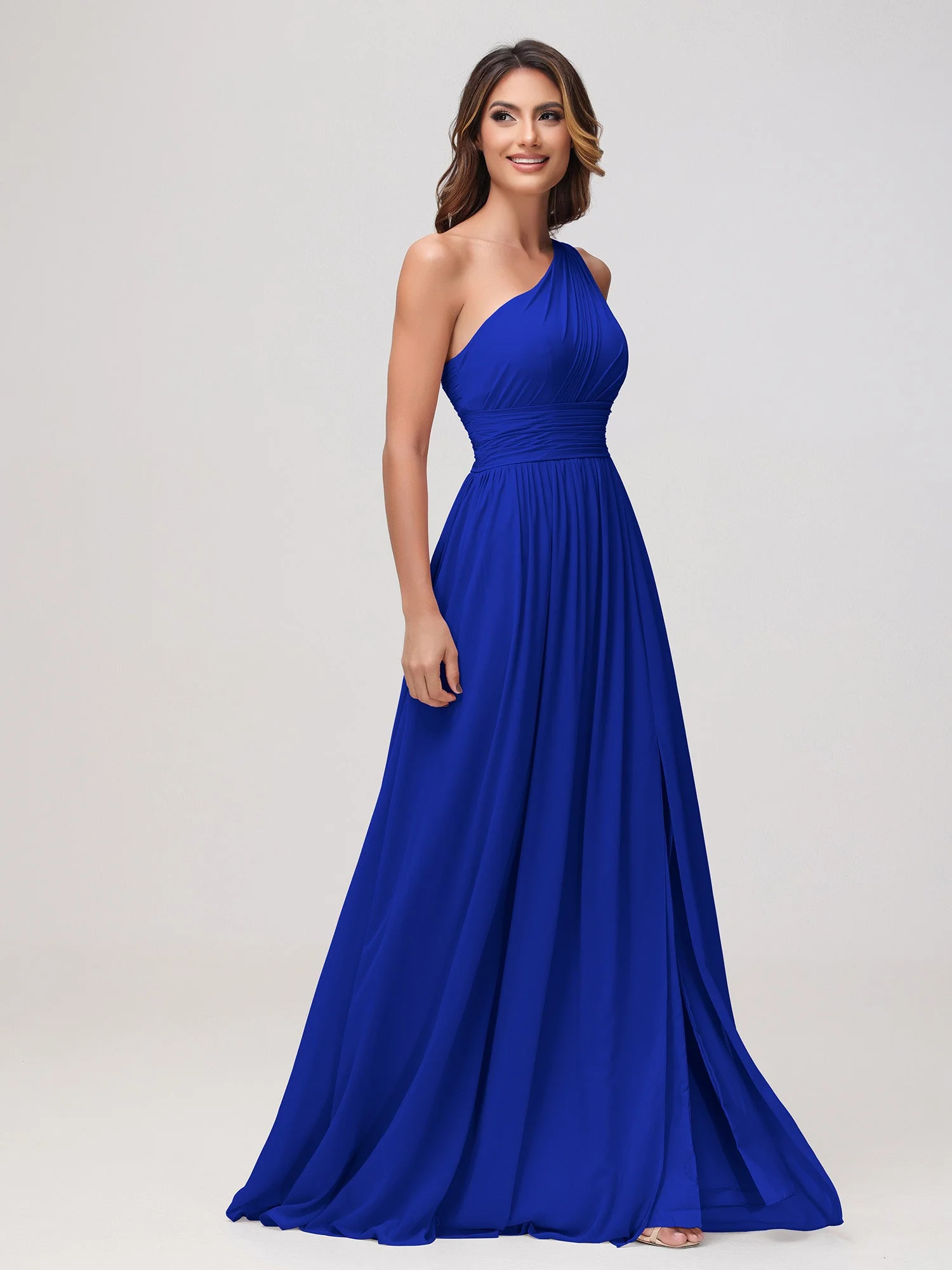 Eine Schulter Ärmellos Rüschen Chiffon A-Linie Kleid Königsblau - Image 3