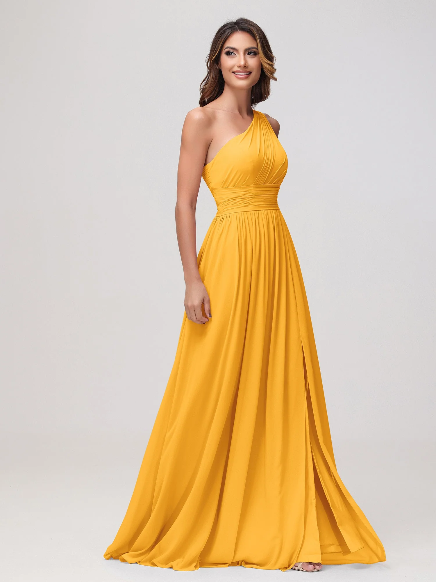 Eine Schulter Ärmellos Rüschen Chiffon A-Linie Kleid Mandarine - Image 3