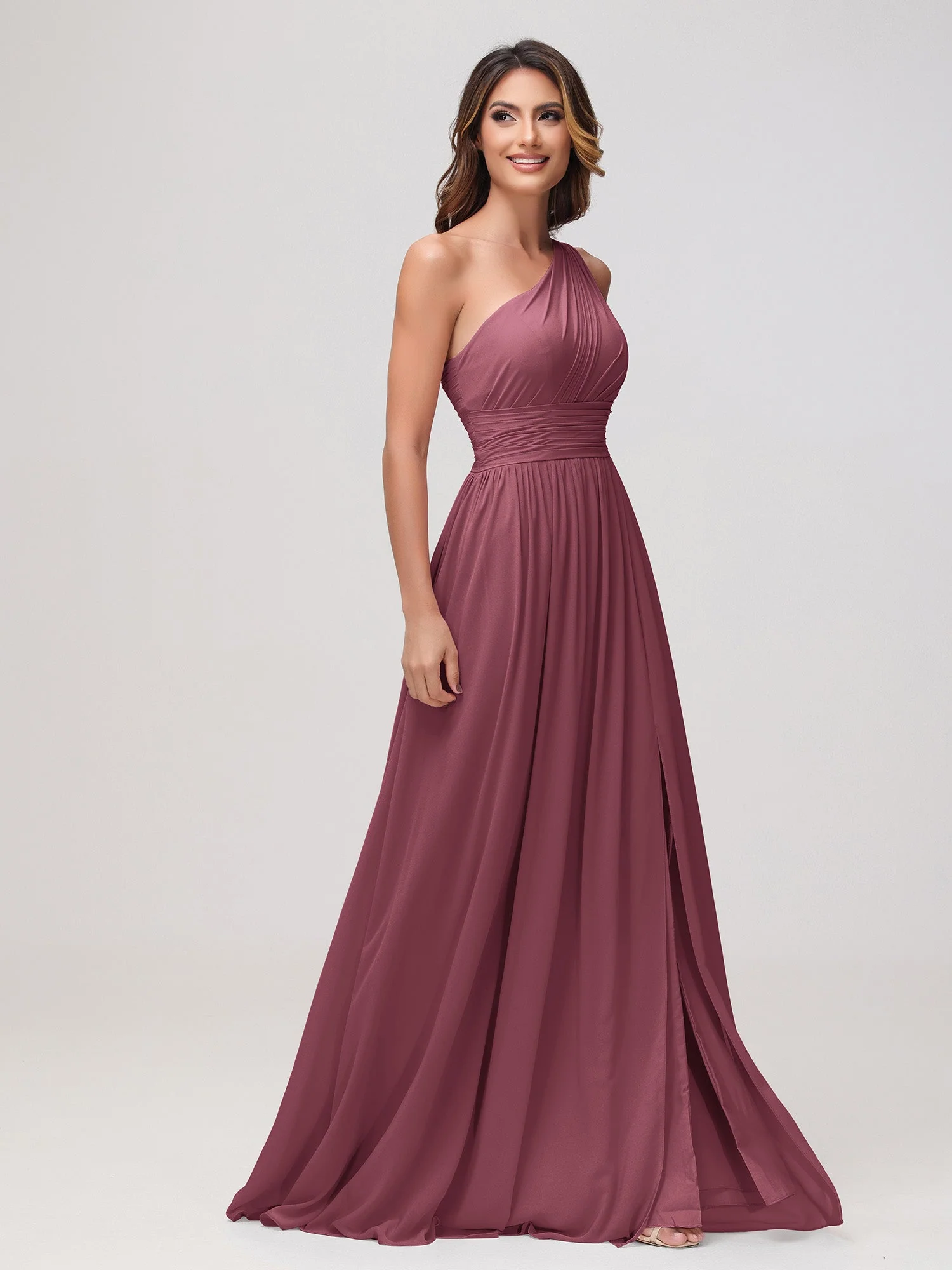 Eine Schulter Ärmellos Rüschen Chiffon A-Linie Kleid Maulbeere - Image 3