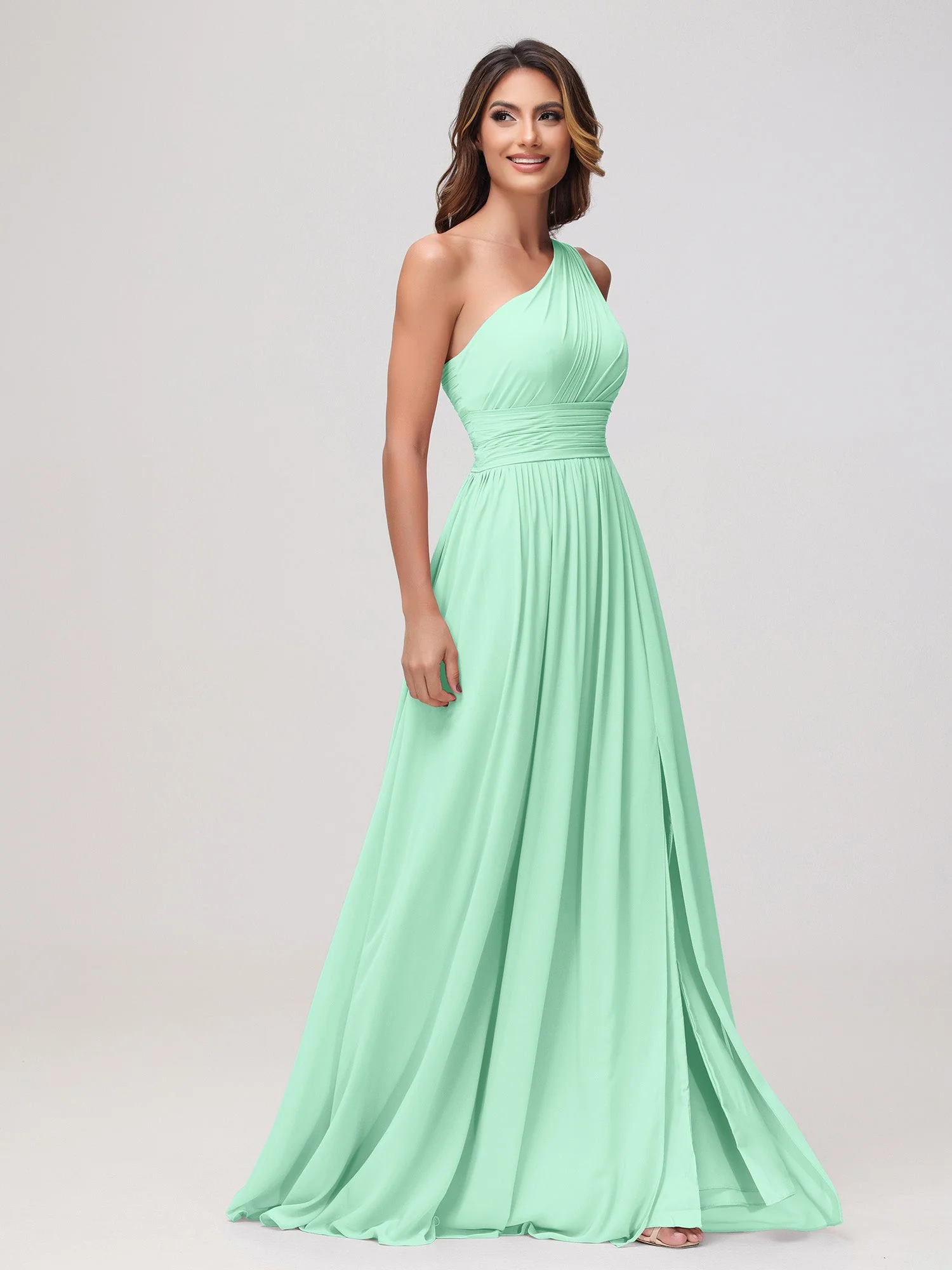 Eine Schulter Ärmellos Rüschen Chiffon A-Linie Kleid Minzgrün - Image 3