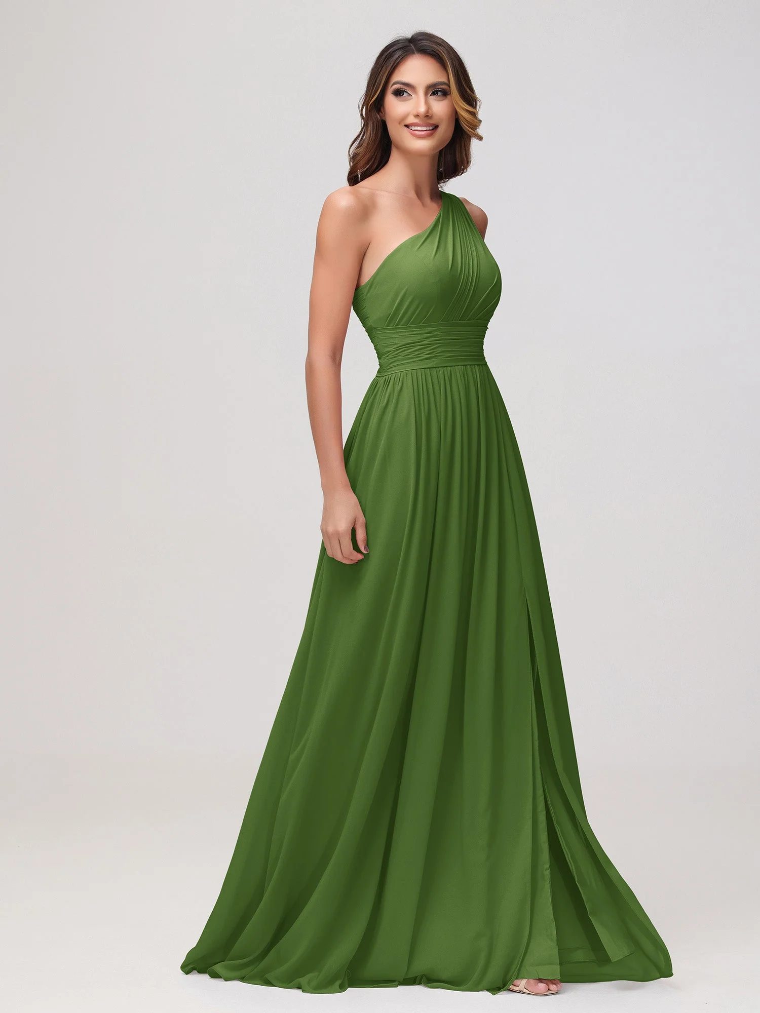 Eine Schulter Ärmellos Rüschen Chiffon A-Linie Kleid Moos - Image 3