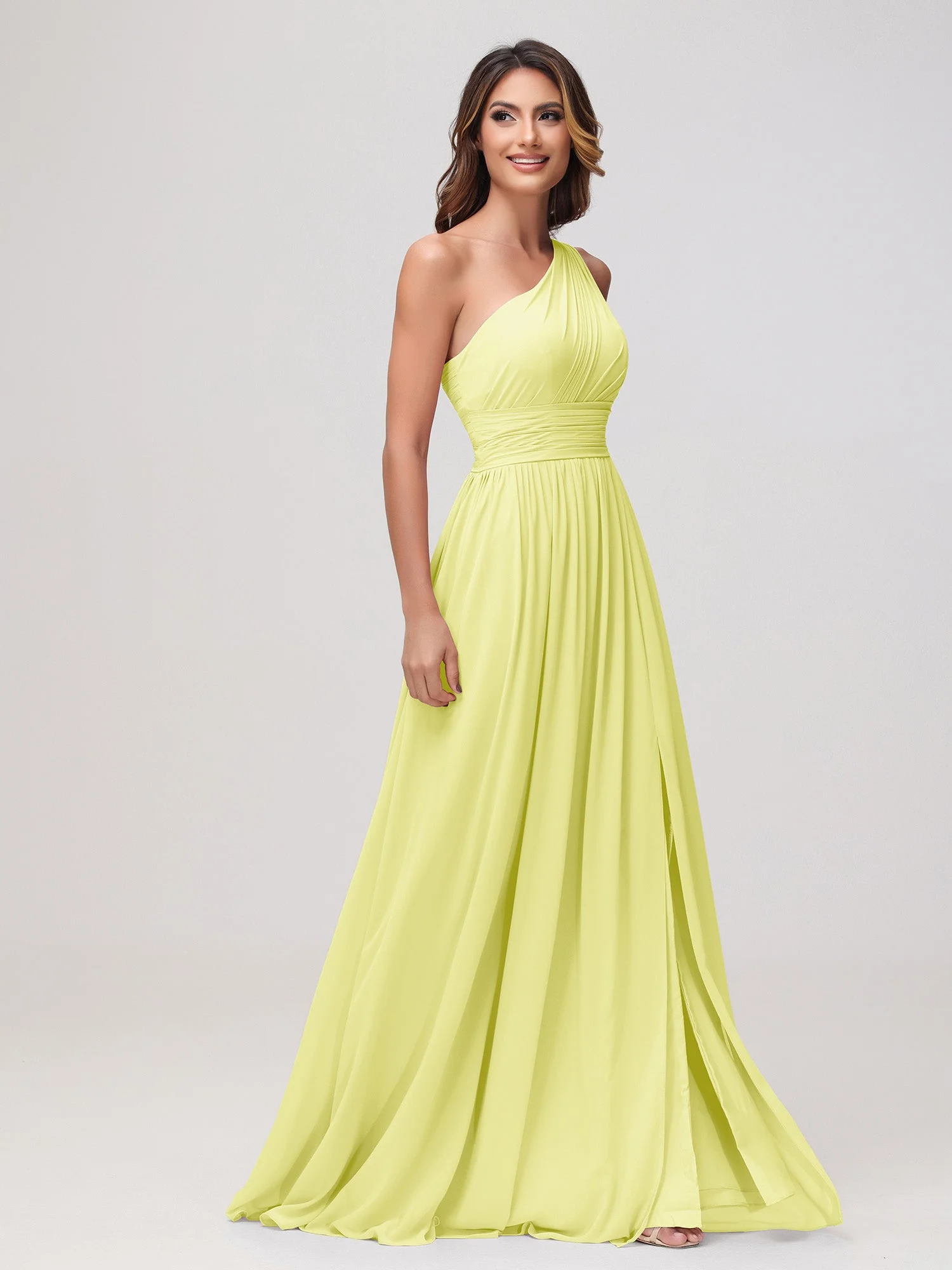 Eine Schulter Ärmellos Rüschen Chiffon A-Linie Kleid Narzisse - Image 3