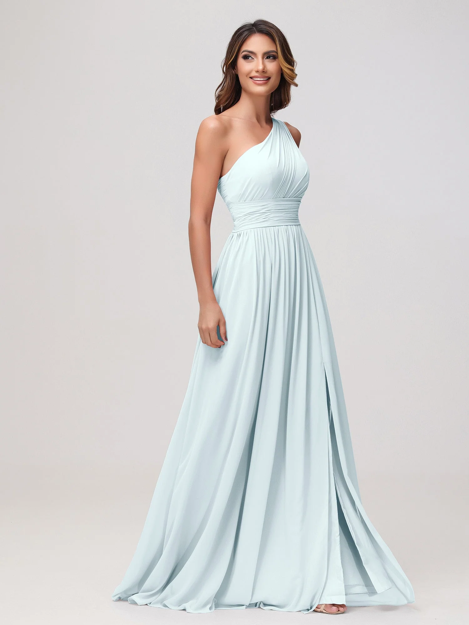 Eine Schulter Ärmellos Rüschen Chiffon A-Linie Kleid Nebel - Image 3