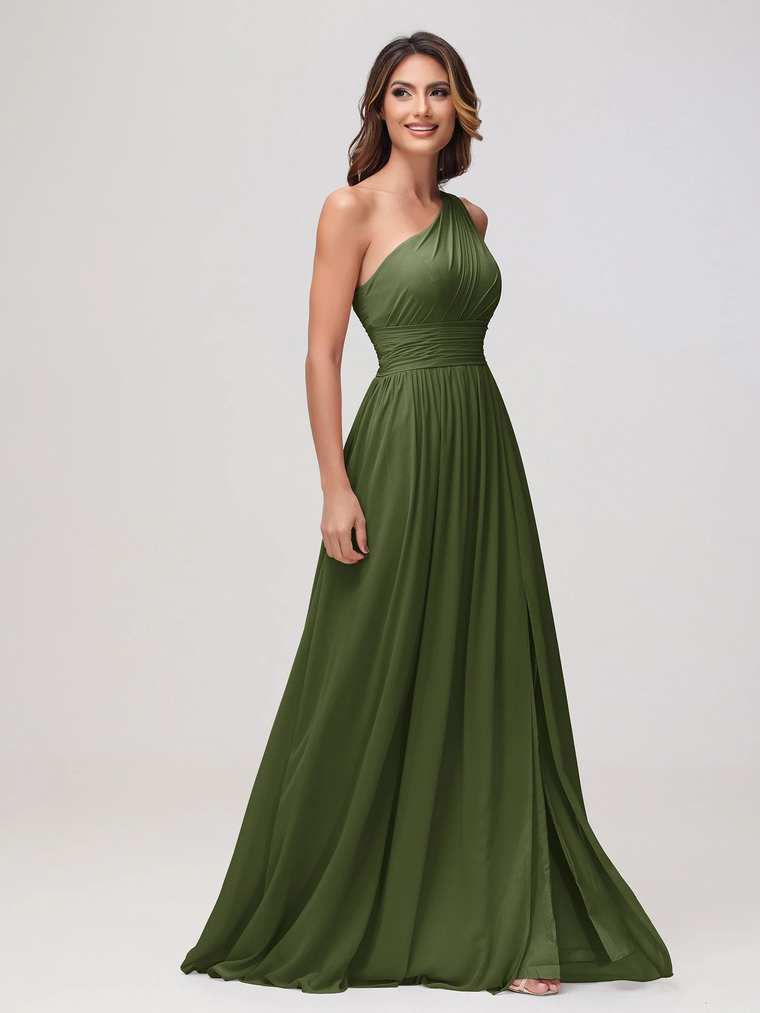 Eine Schulter Ärmellos Rüschen Chiffon A-Linie Kleid Olivgrün - Image 3