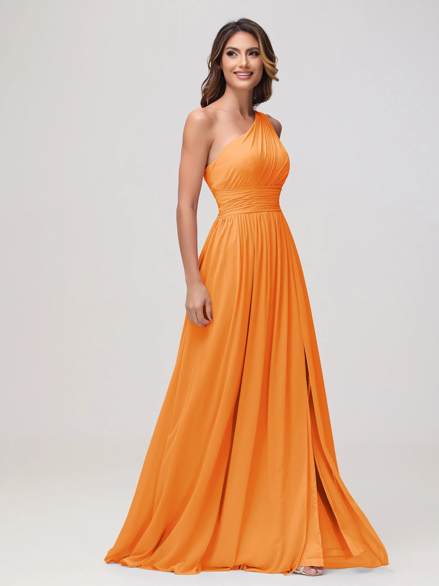 Eine Schulter Ärmellos Rüschen Chiffon A-Linie Kleid Orange - Image 3