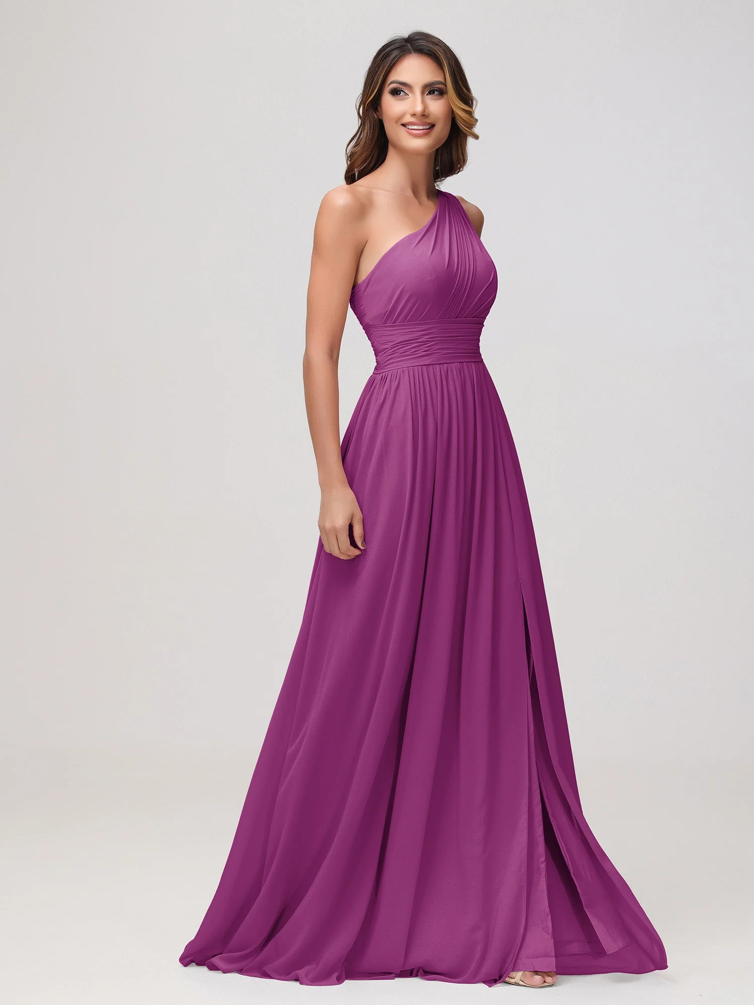 Eine Schulter Ärmellos Rüschen Chiffon A-Linie Kleid Orchidee - Image 3