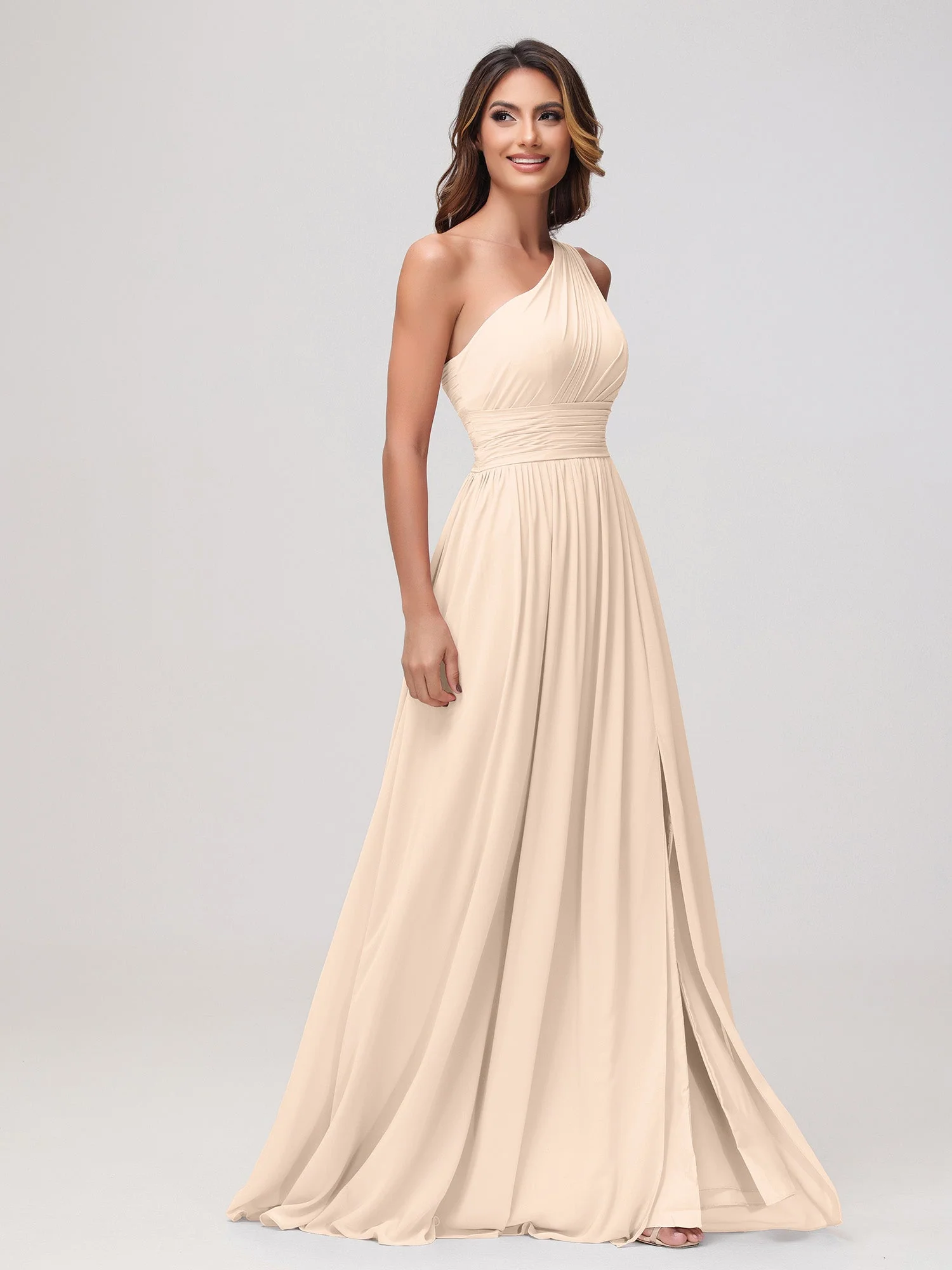 Eine Schulter Ärmellos Rüschen Chiffon A-Linie Kleid Pfirsich - Image 3
