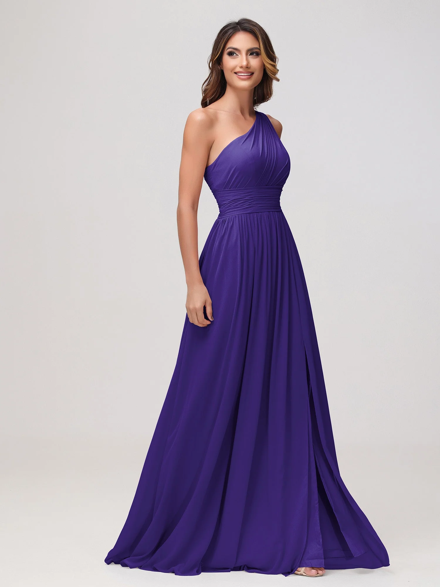 Eine Schulter Ärmellos Rüschen Chiffon A-Linie Kleid Regentschaft - Image 3