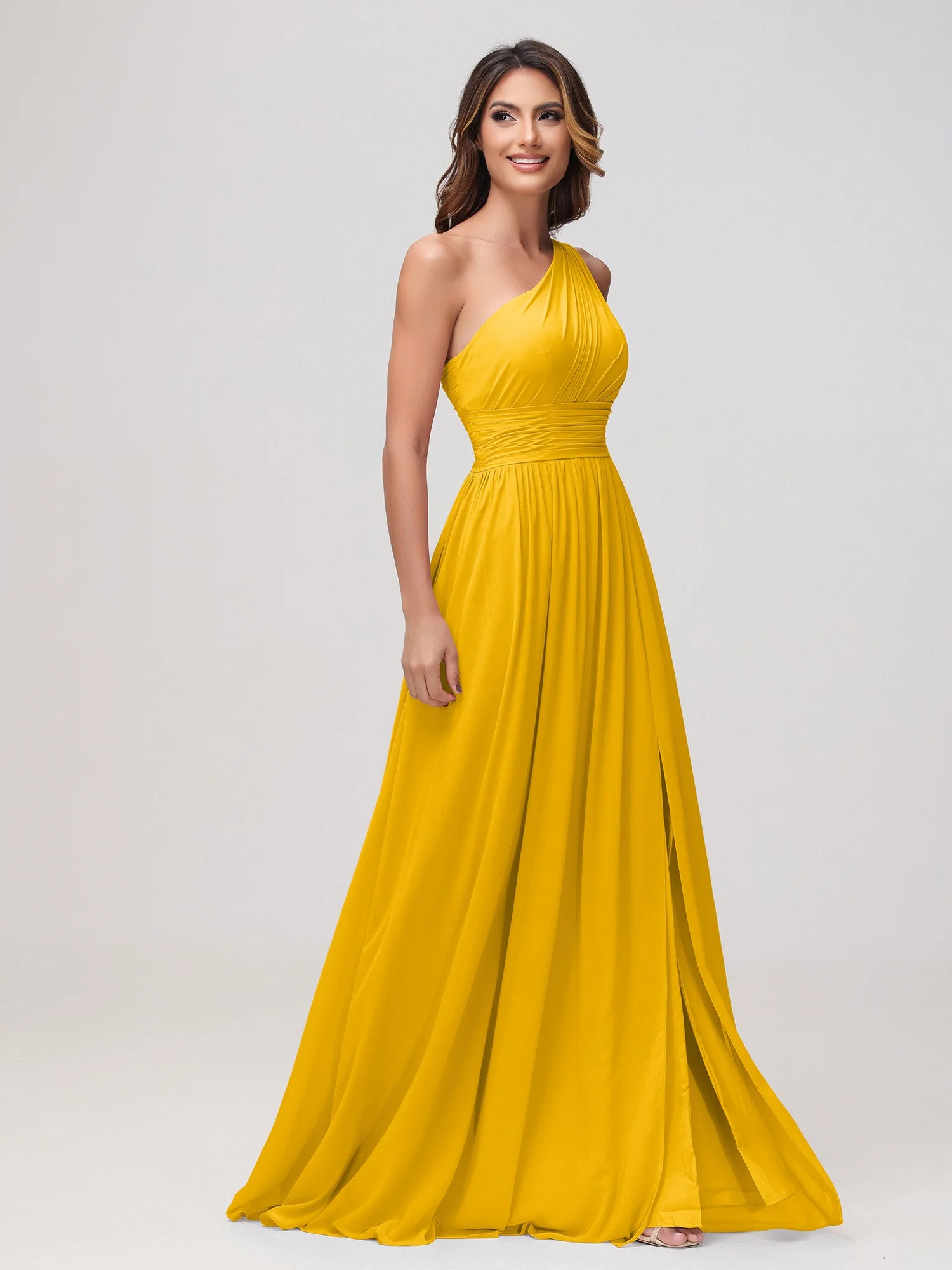 Eine Schulter Ärmellos Rüschen Chiffon A-Linie Kleid Ringelblume - Image 3