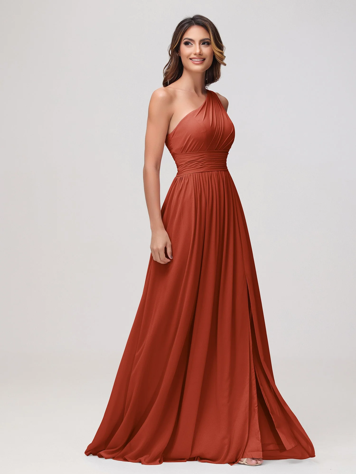 Eine Schulter Ärmellos Rüschen Chiffon A-Linie Kleid Rost - Image 3