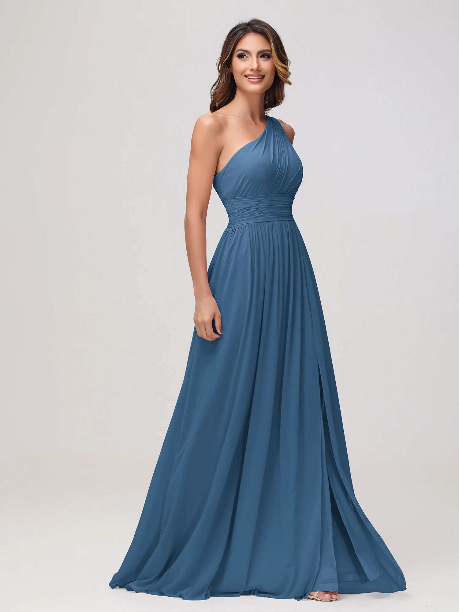 Eine Schulter Ärmellos Rüschen Chiffon A-Linie Kleid Schiefer Blau - Image 3