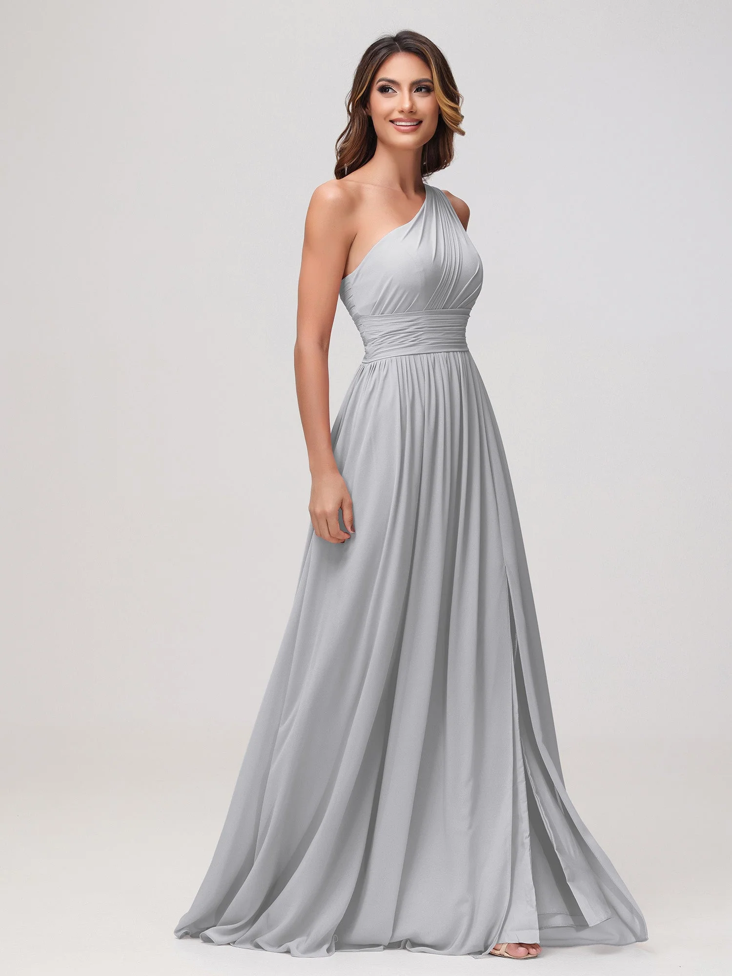 Eine Schulter Ärmellos Rüschen Chiffon A-Linie Kleid Silber - Image 3