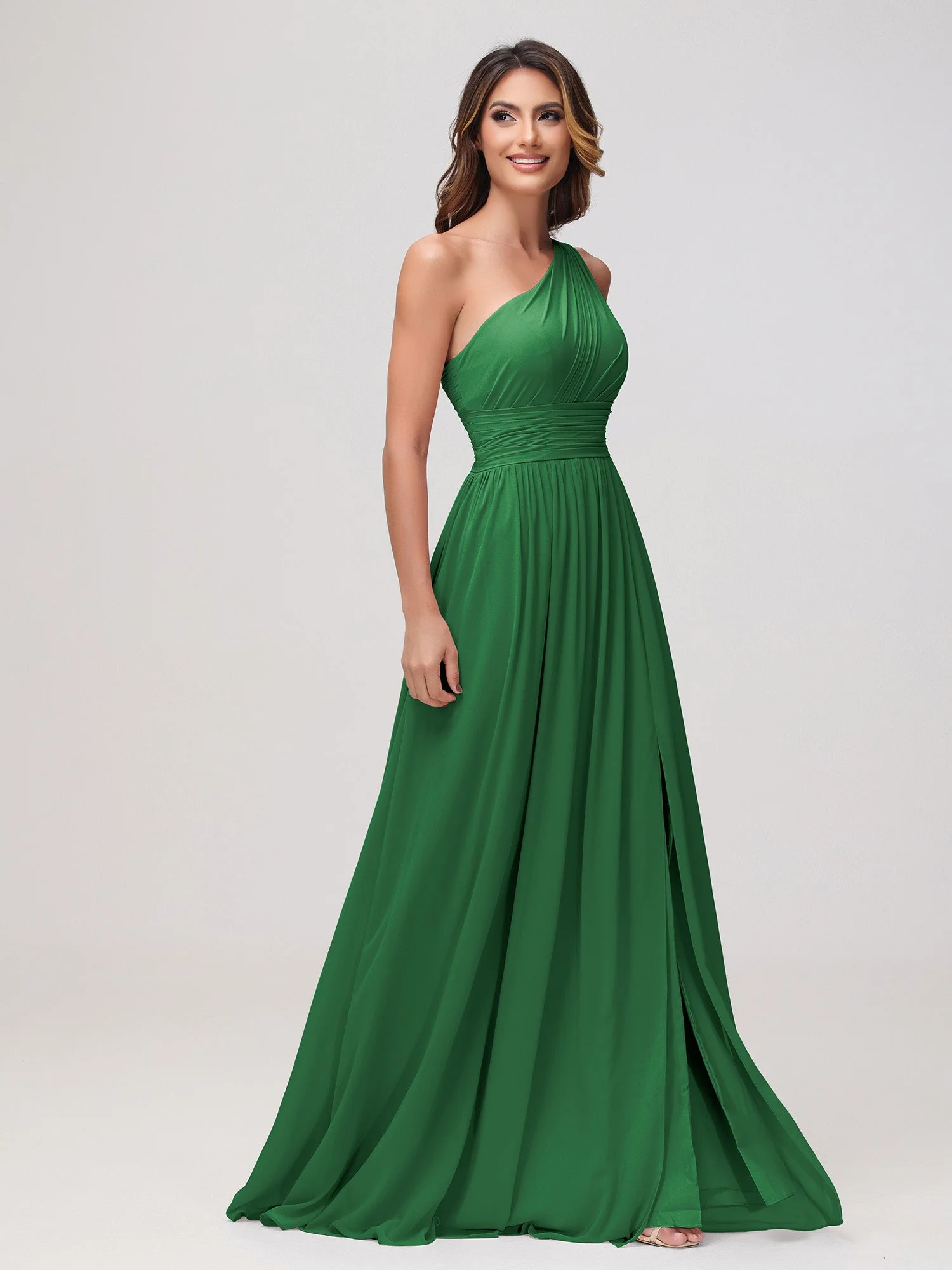 Eine Schulter Ärmellos Rüschen Chiffon A-Linie Kleid Smaragd - Image 3