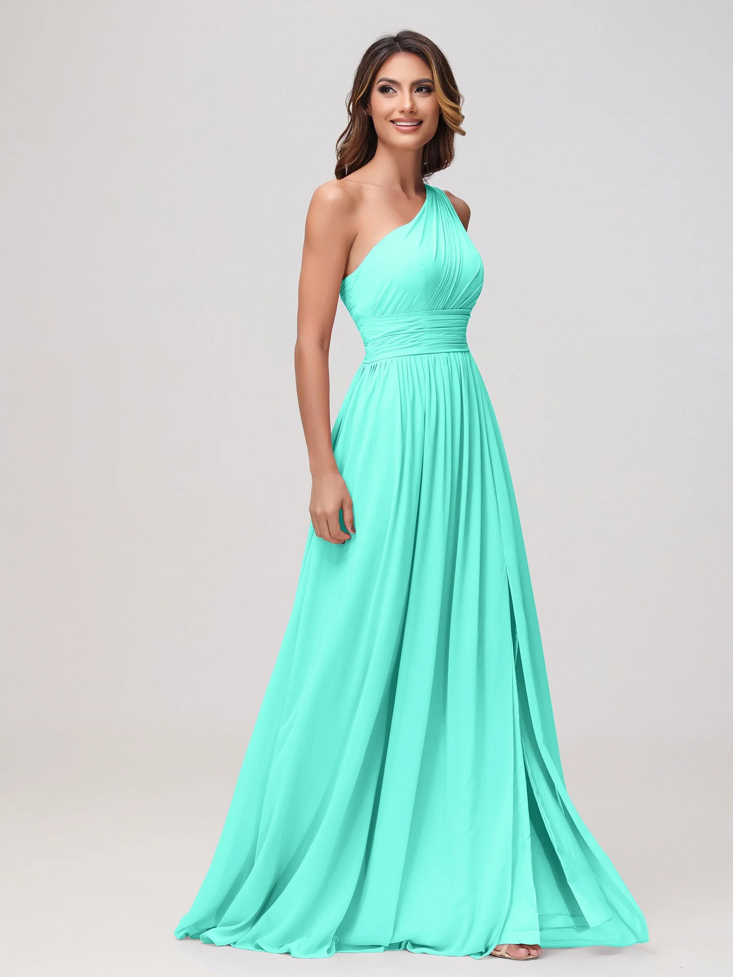 Eine Schulter Ärmellos Rüschen Chiffon A-Linie Kleid Spa - Image 3