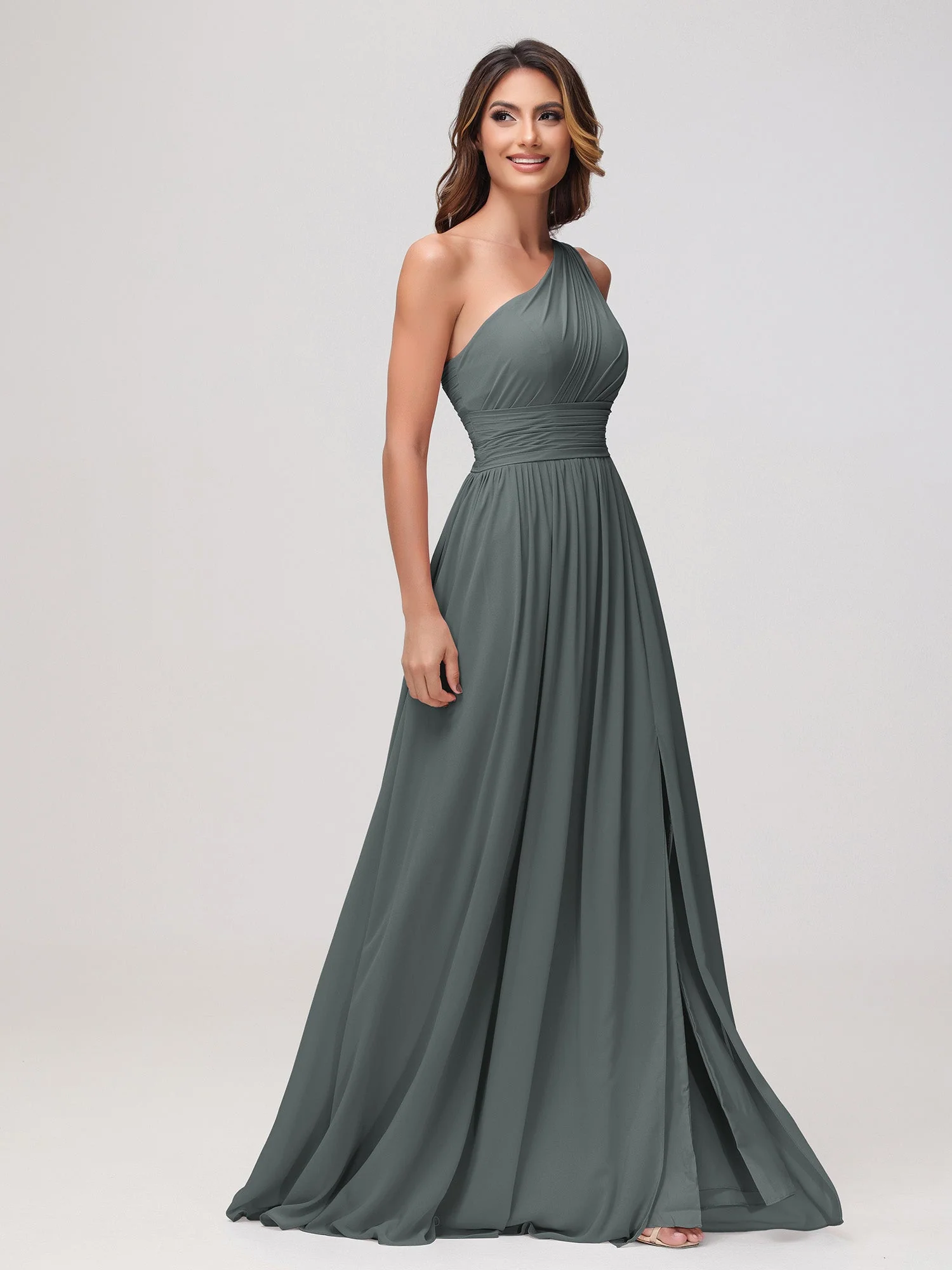 Eine Schulter Ärmellos Rüschen Chiffon A-Linie Kleid Stahlgrau - Image 3
