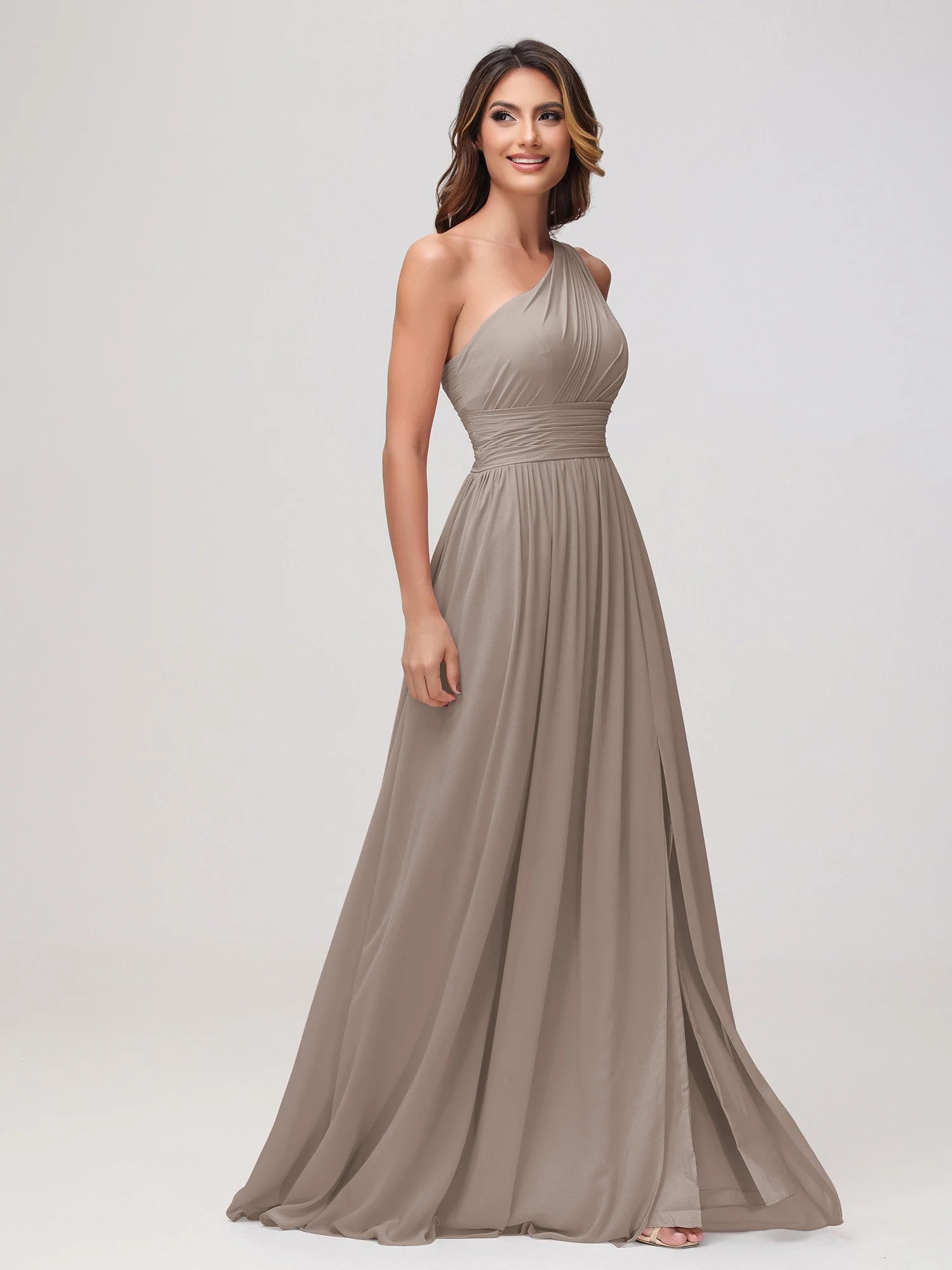 Eine Schulter Ärmellos Rüschen Chiffon A-Linie Kleid Taupe - Image 3