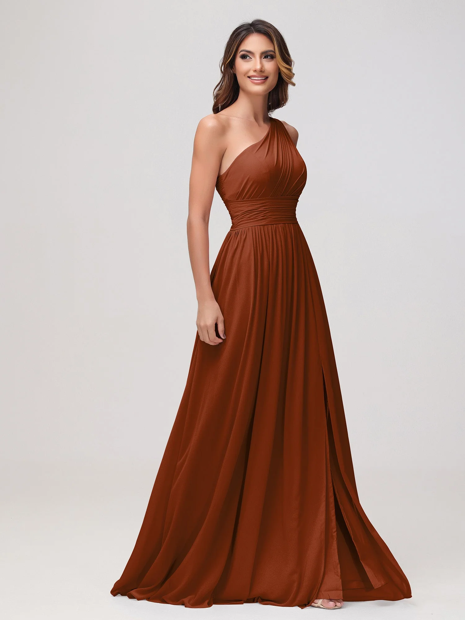 Eine Schulter Ärmellos Rüschen Chiffon A-Linie Kleid Terrakotta - Image 3