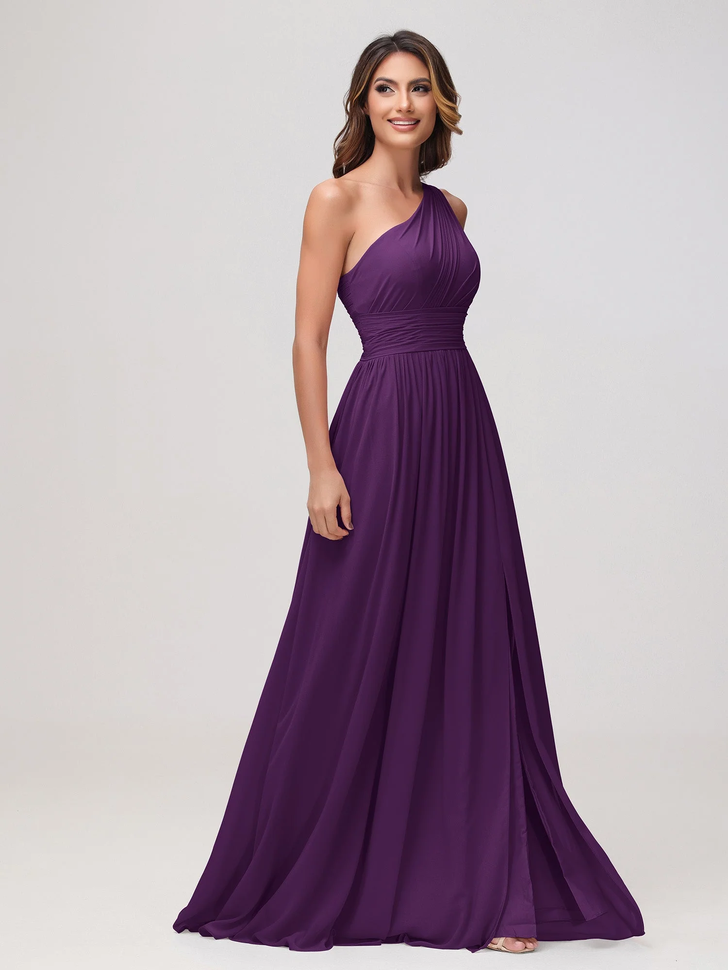 Eine Schulter Ärmellos Rüschen Chiffon A-Linie Kleid Traube - Image 3