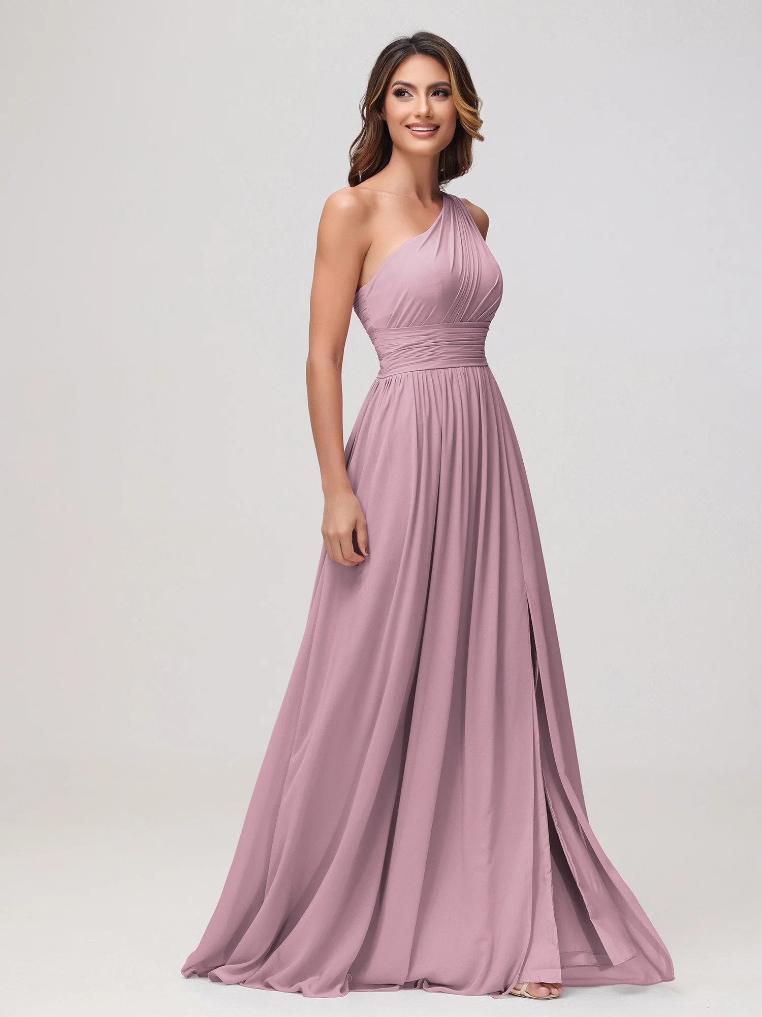 Eine Schulter Ärmellos Rüschen Chiffon A-Linie Kleid Vintage Mauve - Image 3