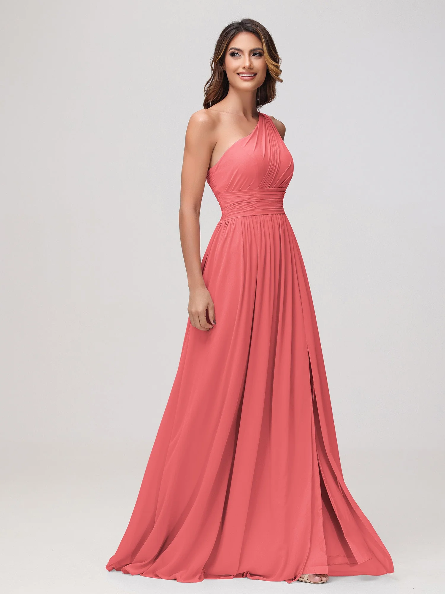 Eine Schulter Ärmellos Rüschen Chiffon A-Linie Kleid Wassermelone - Image 3