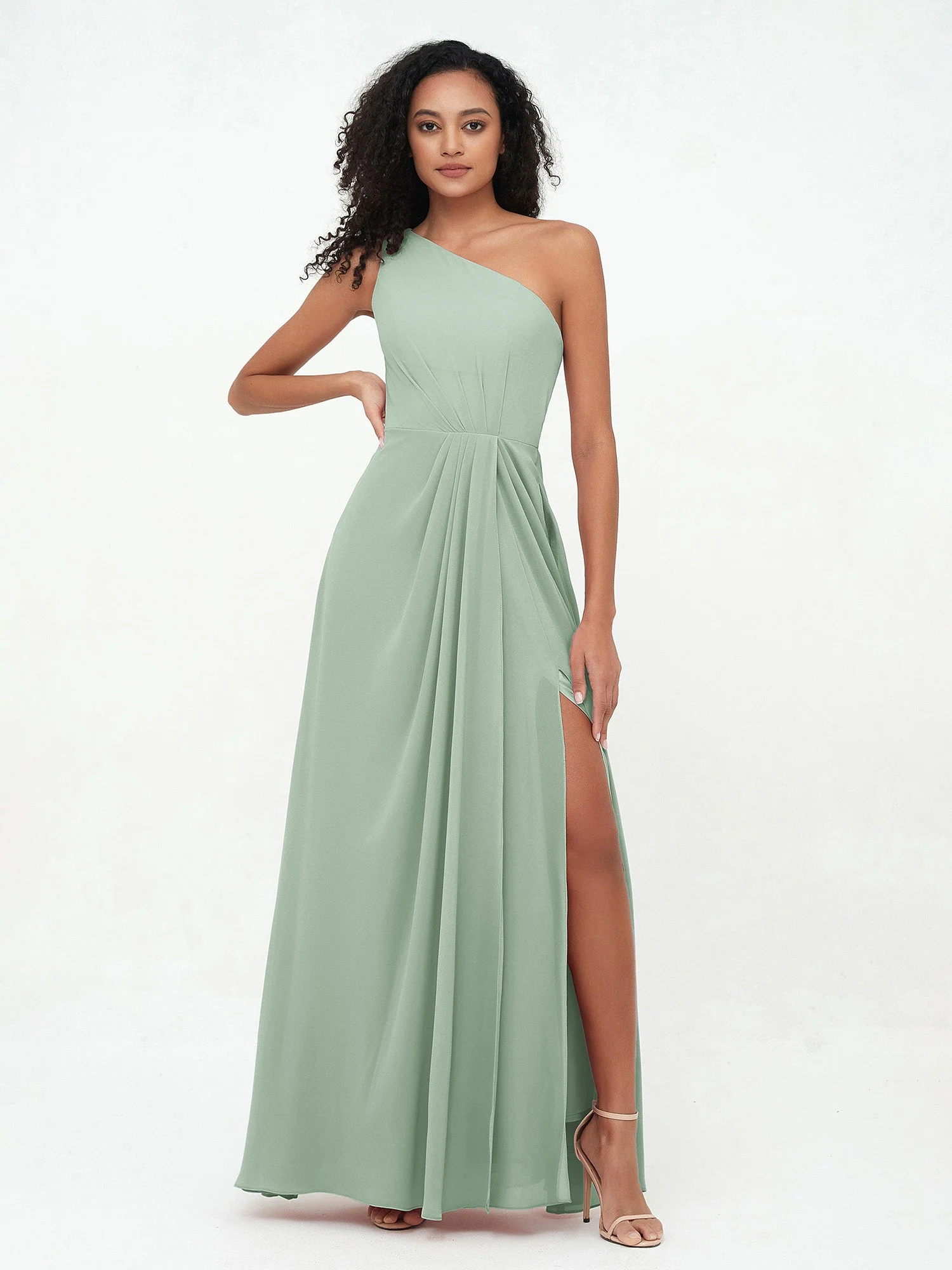 Eine Schulter Chiffon Maxi Kleider mit Schlitz Agavengrün