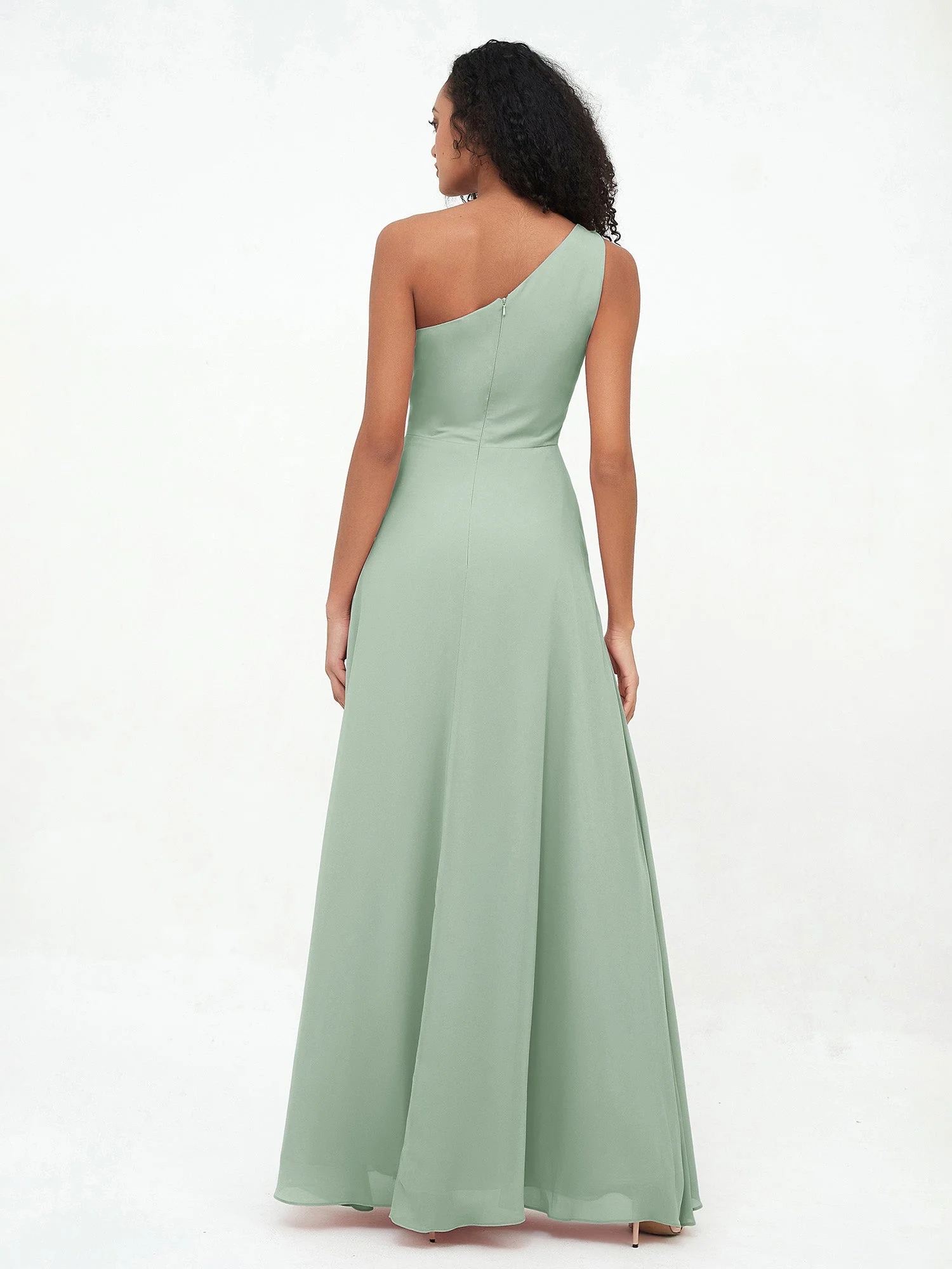 Eine Schulter Chiffon Maxi Kleider mit Schlitz Agavengrün - Image 2