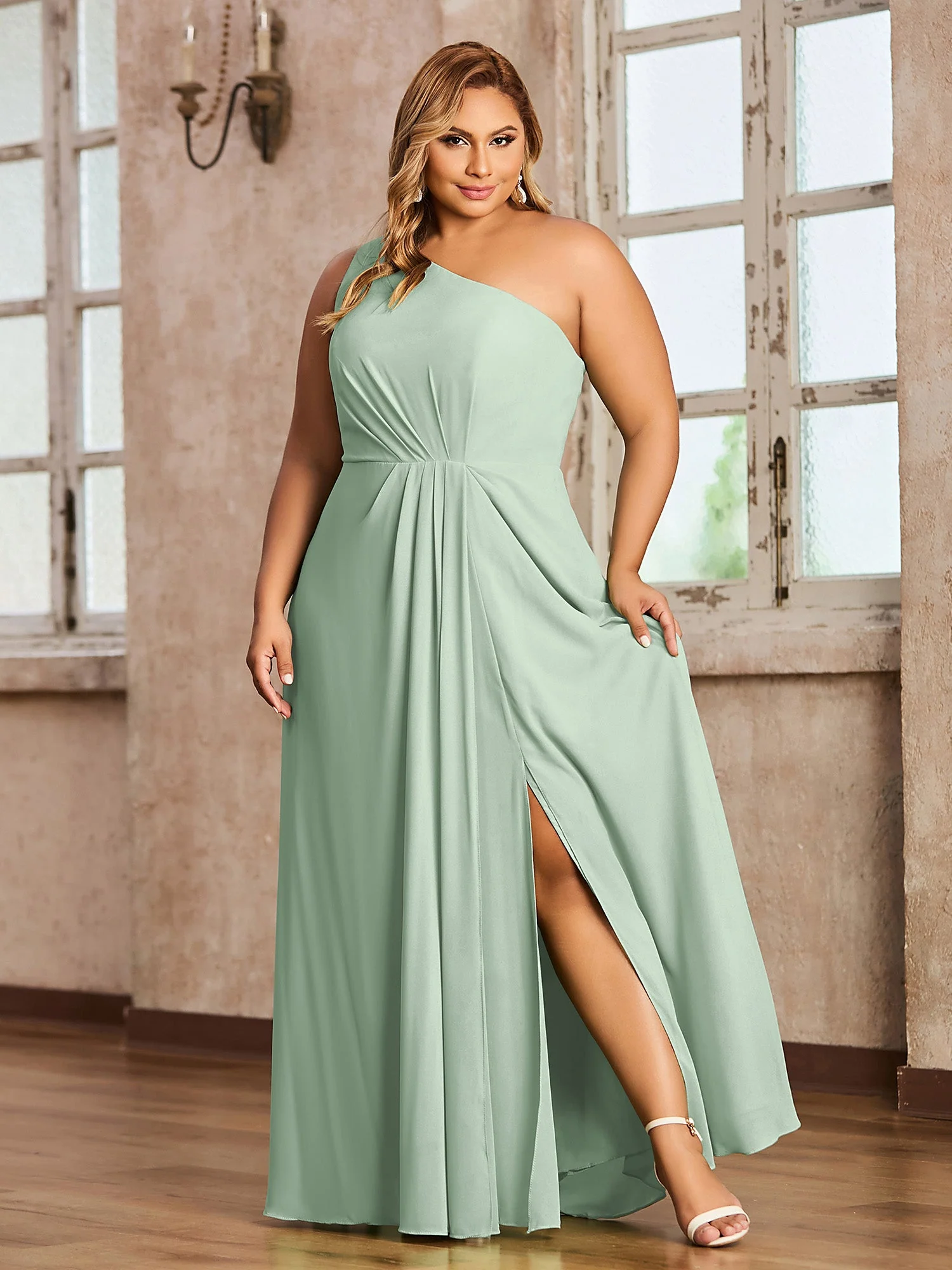 Eine Schulter Chiffon Maxi Kleider mit Schlitz Agavengrün - Image 5