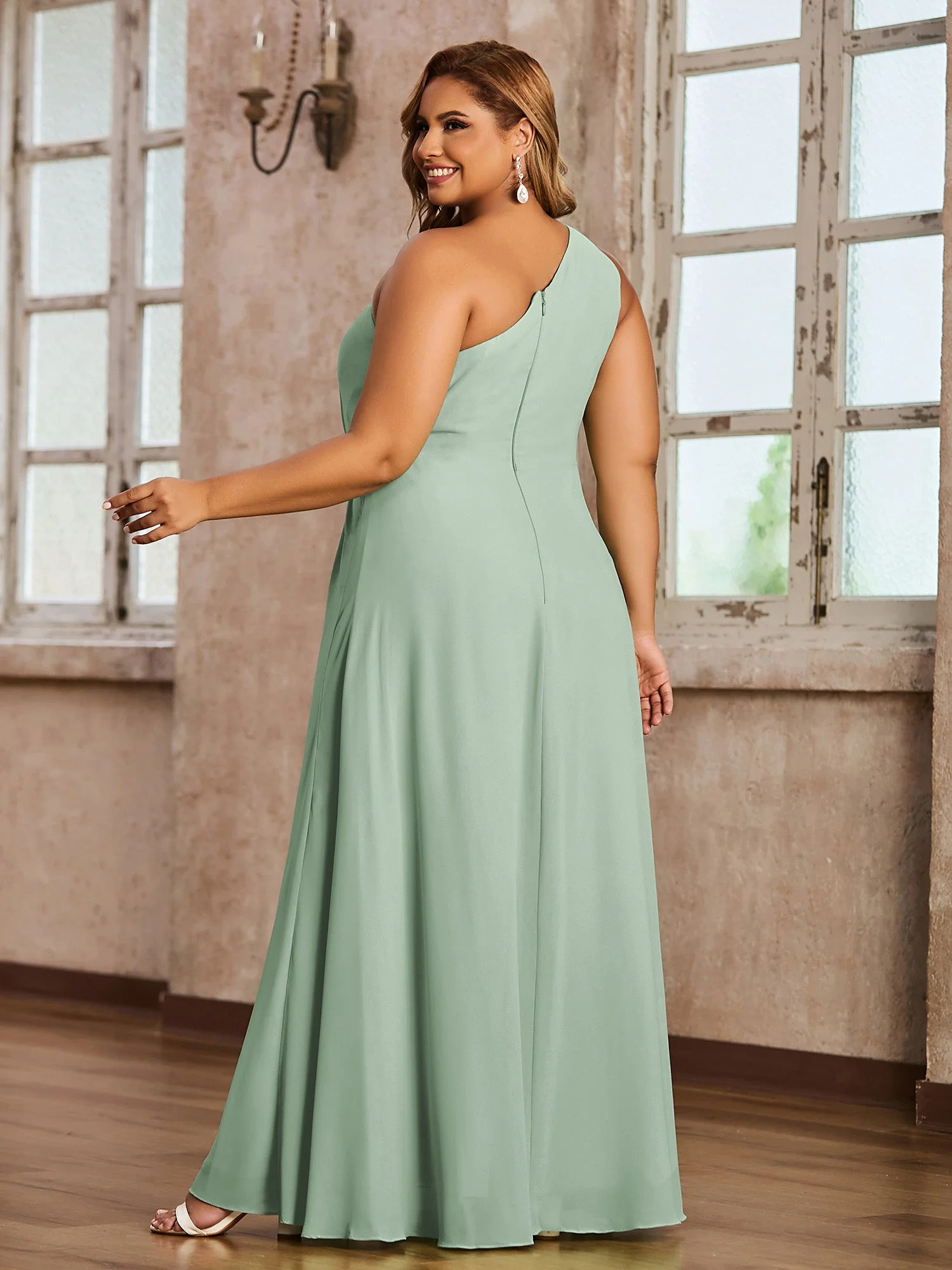 Eine Schulter Chiffon Maxi Kleider mit Schlitz Agavengrün - Image 6