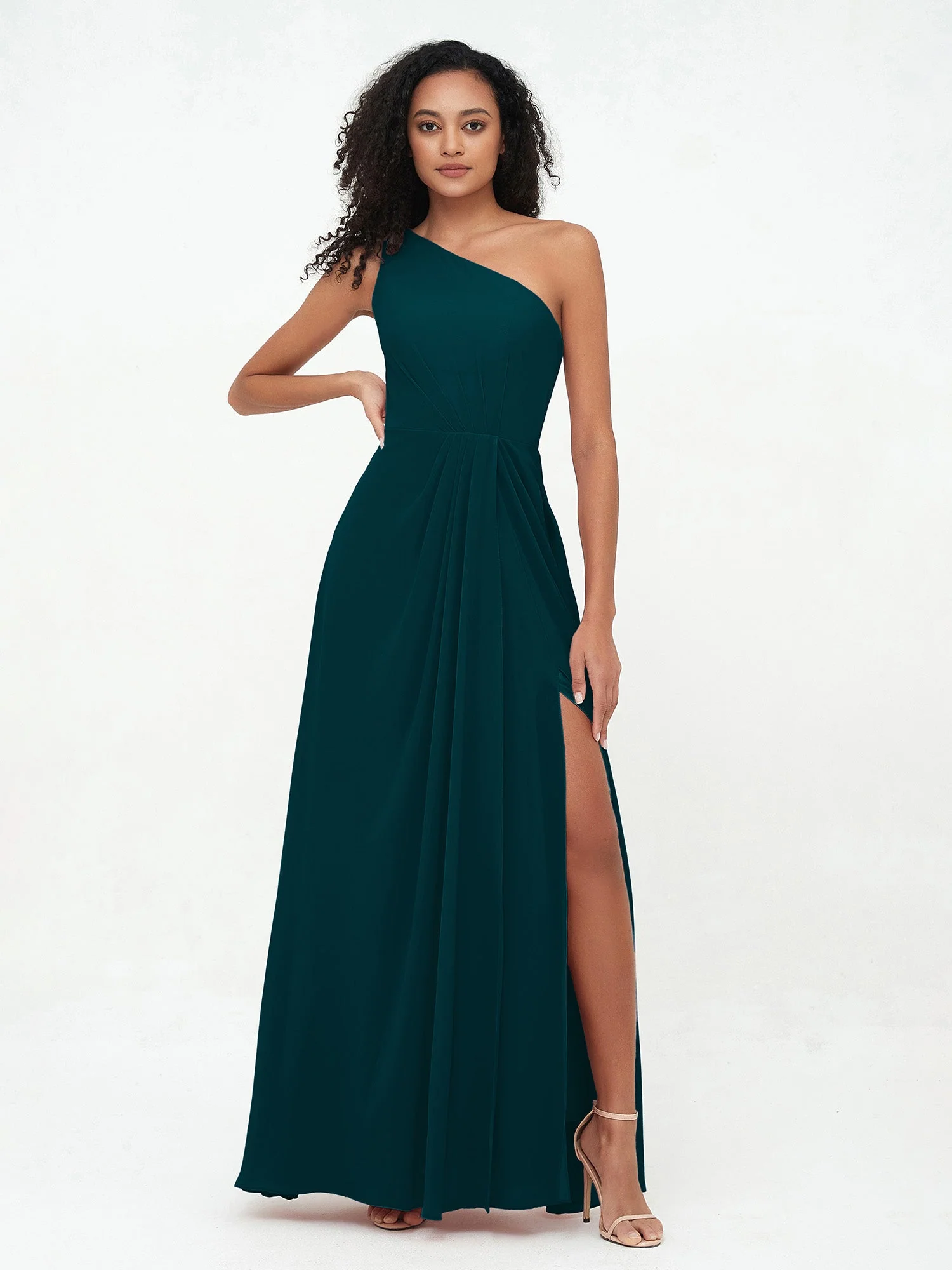 Eine Schulter Chiffon Maxi Kleider mit Schlitz Kieferngrün