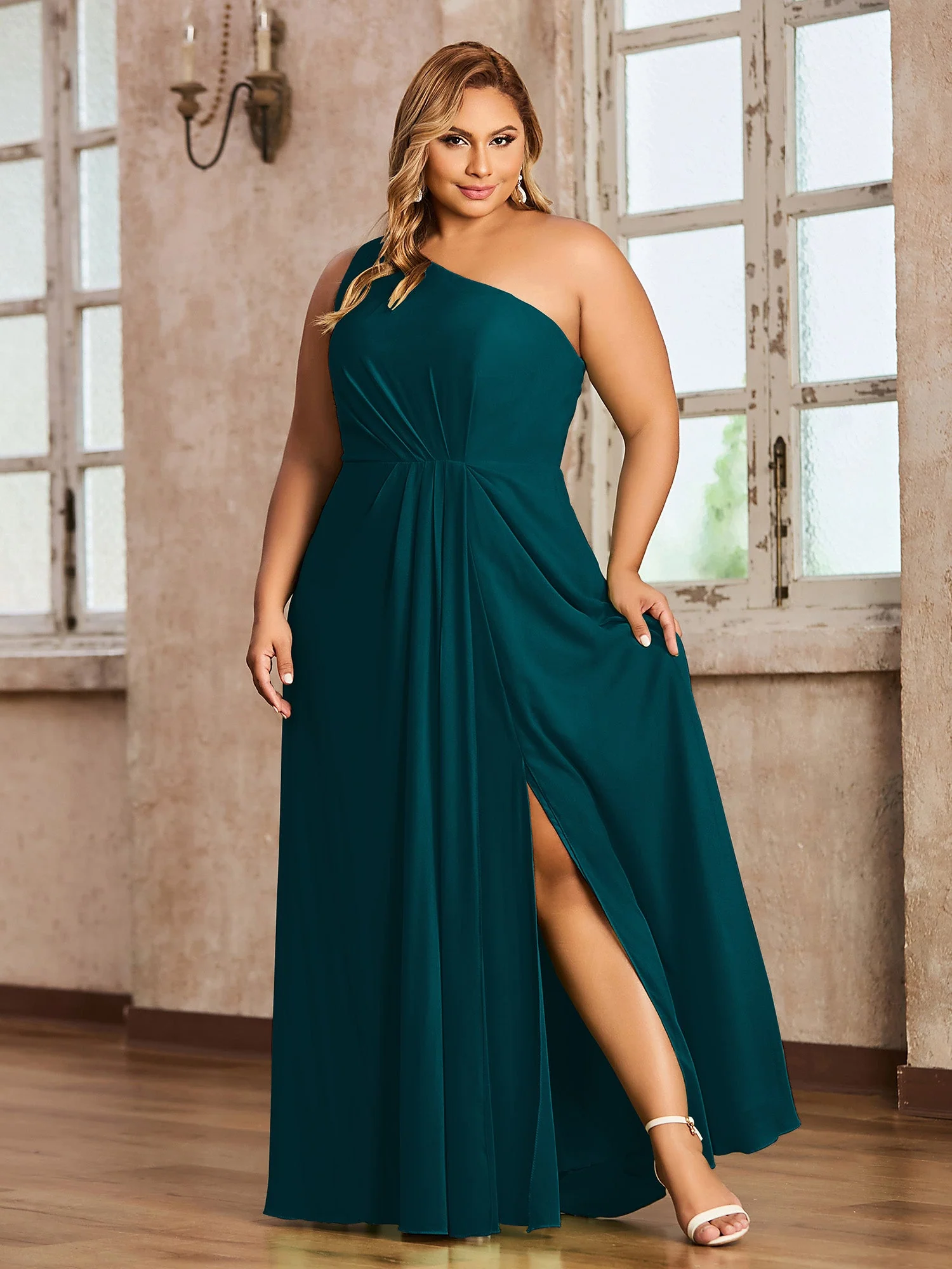Eine Schulter Chiffon Maxi Kleider mit Schlitz Kieferngrün - Image 5