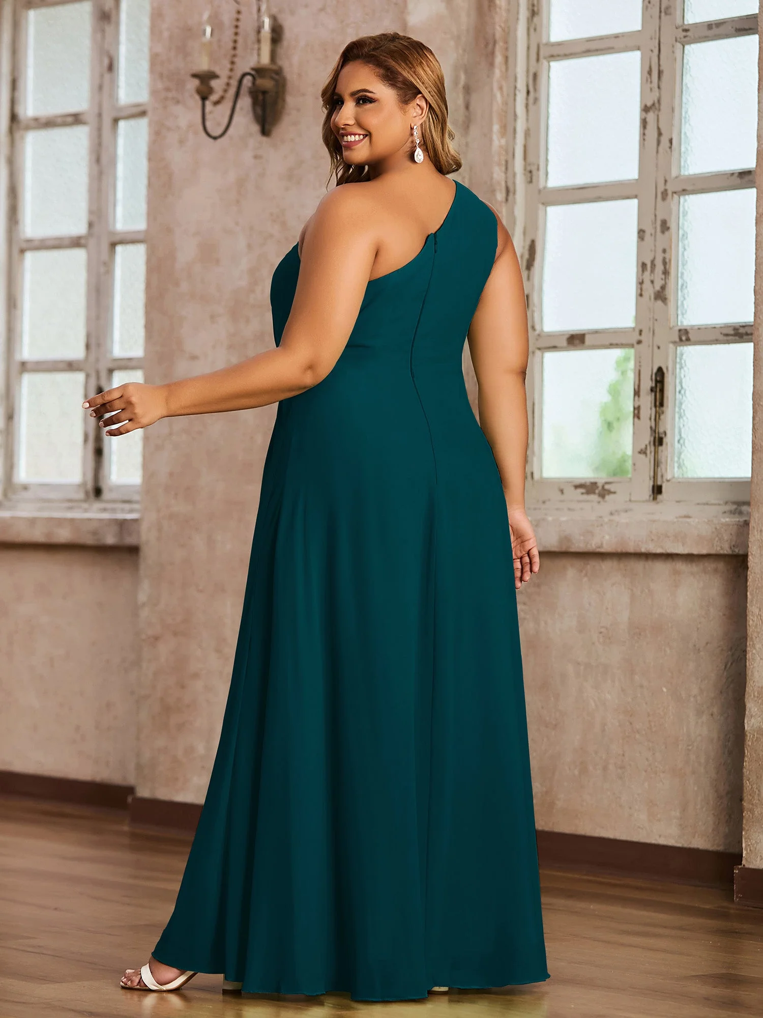 Eine Schulter Chiffon Maxi Kleider mit Schlitz Kieferngrün - Image 6