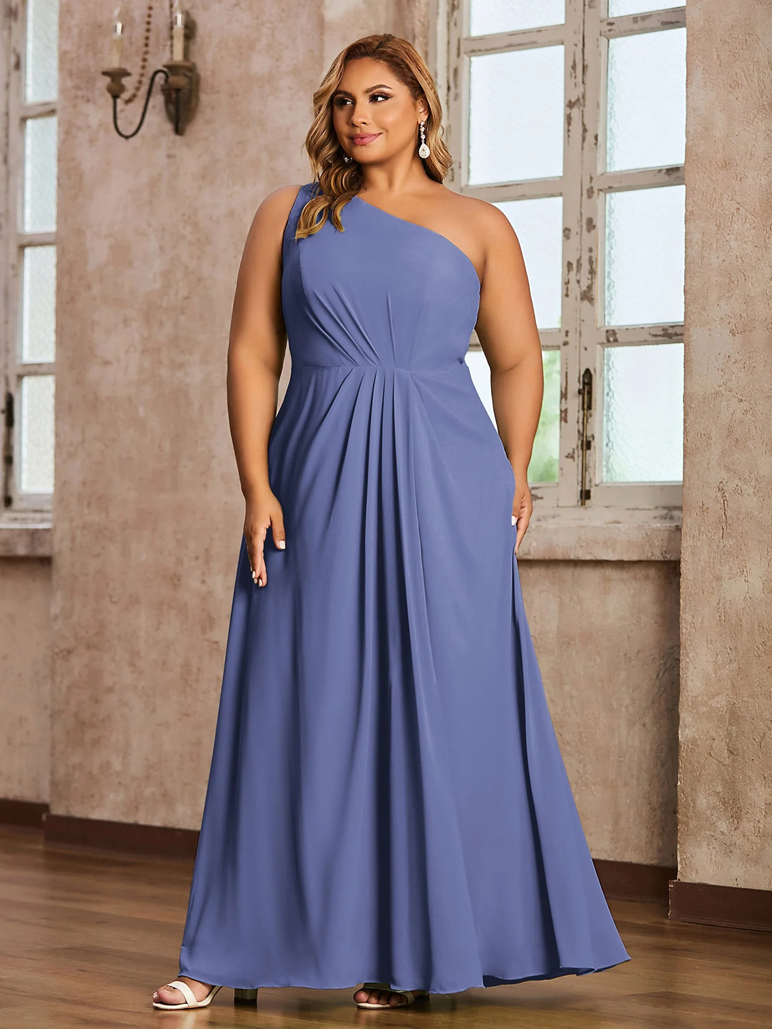 Eine Schulter Chiffon Maxi Kleider mit Schlitz Periwinkleblau - Image 3