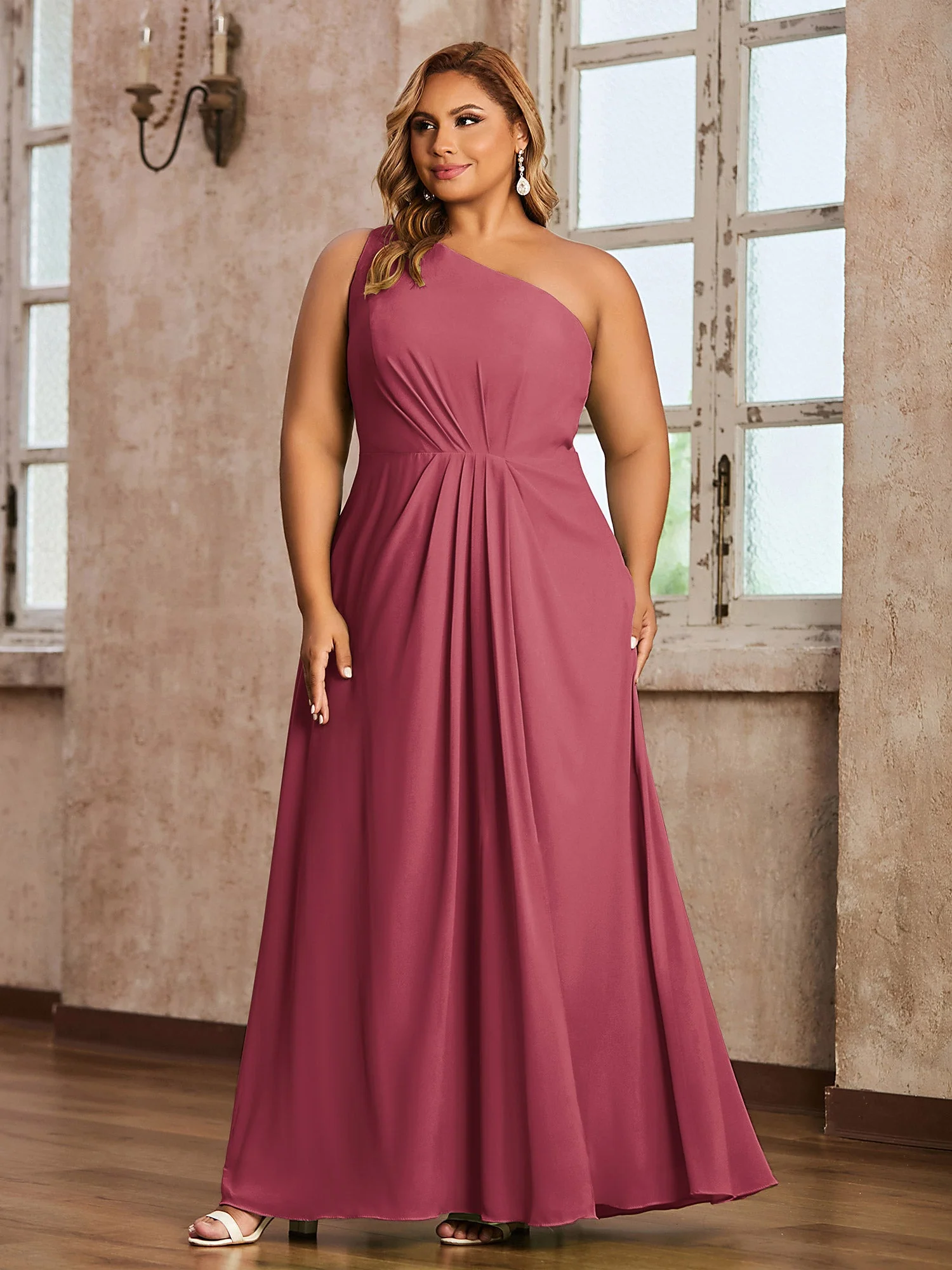 Eine Schulter Chiffon Maxi Kleider mit Schlitz Zimtrose - Image 3