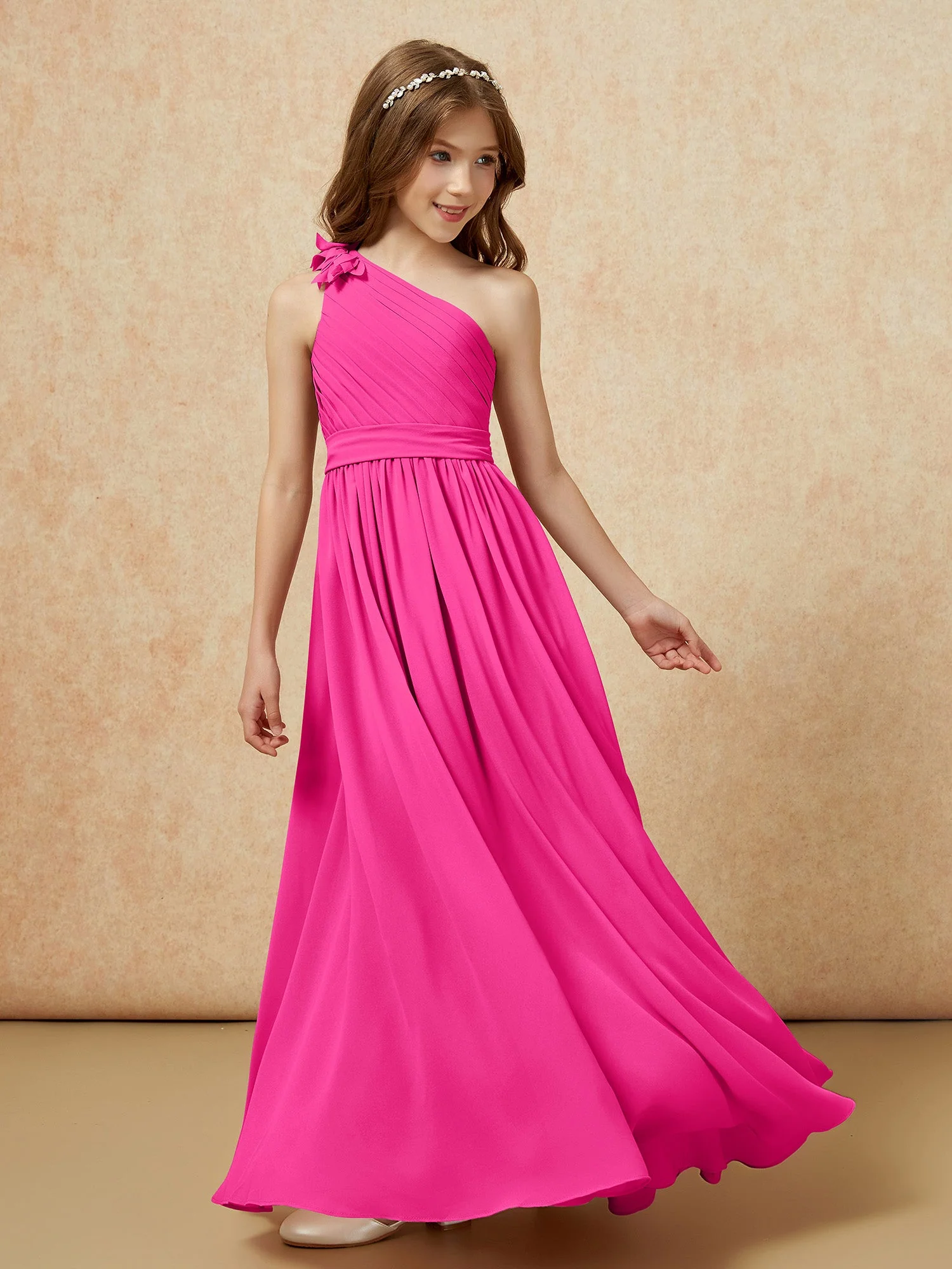 Eine Schulter Lang Junge Brautjungfernkleider mit Gürtel Fuchsia