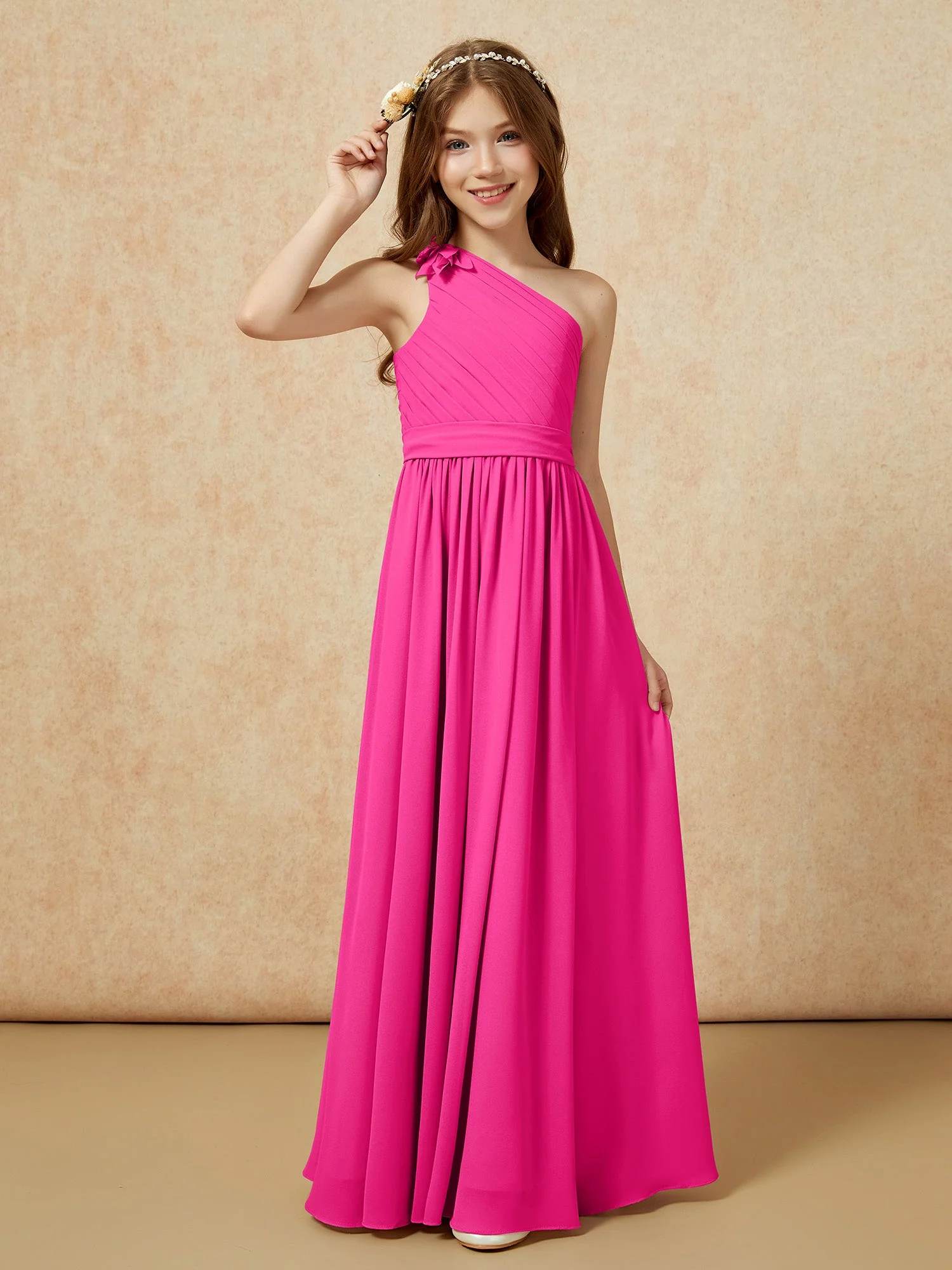 Eine Schulter Lang Junge Brautjungfernkleider mit Gürtel Fuchsia - Image 3