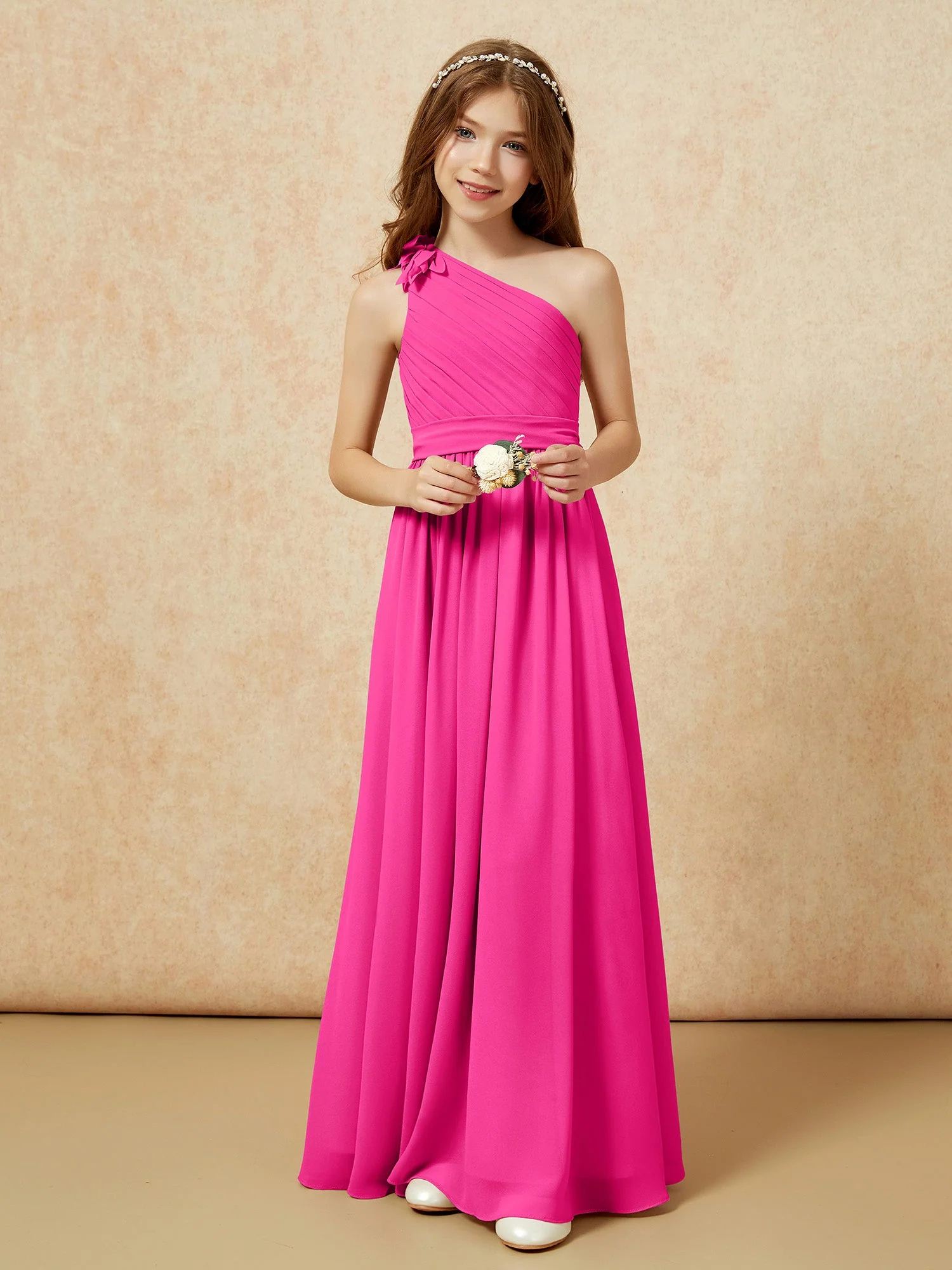 Eine Schulter Lang Junge Brautjungfernkleider mit Gürtel Fuchsia - Image 6