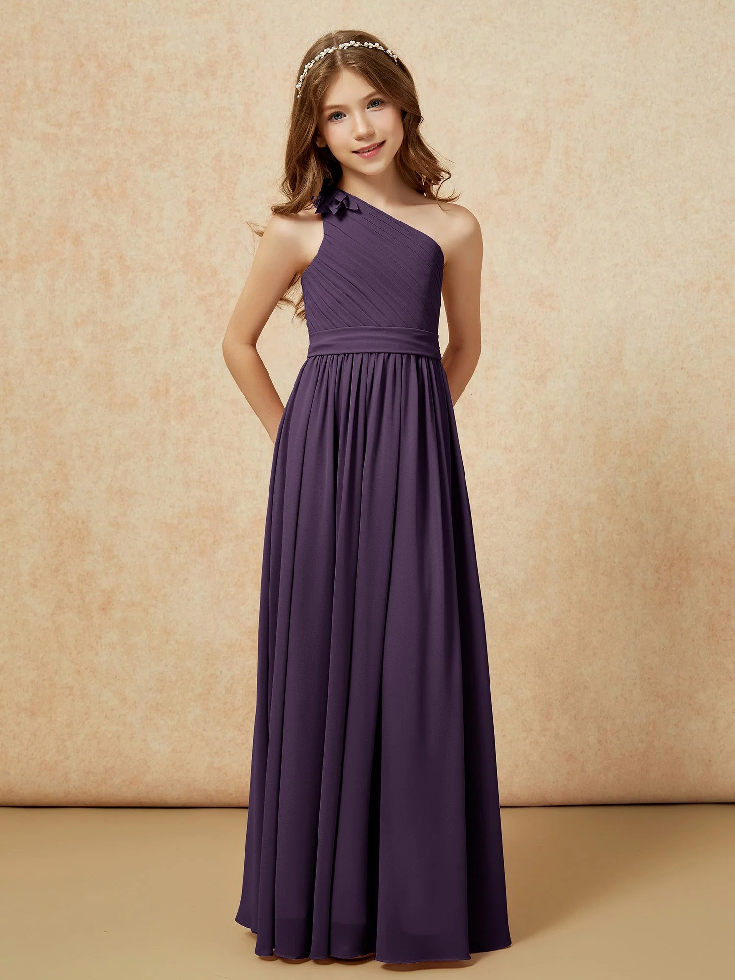 Eine Schulter Lang Junge Brautjungfernkleider mit Gürtel Plum - Image 5