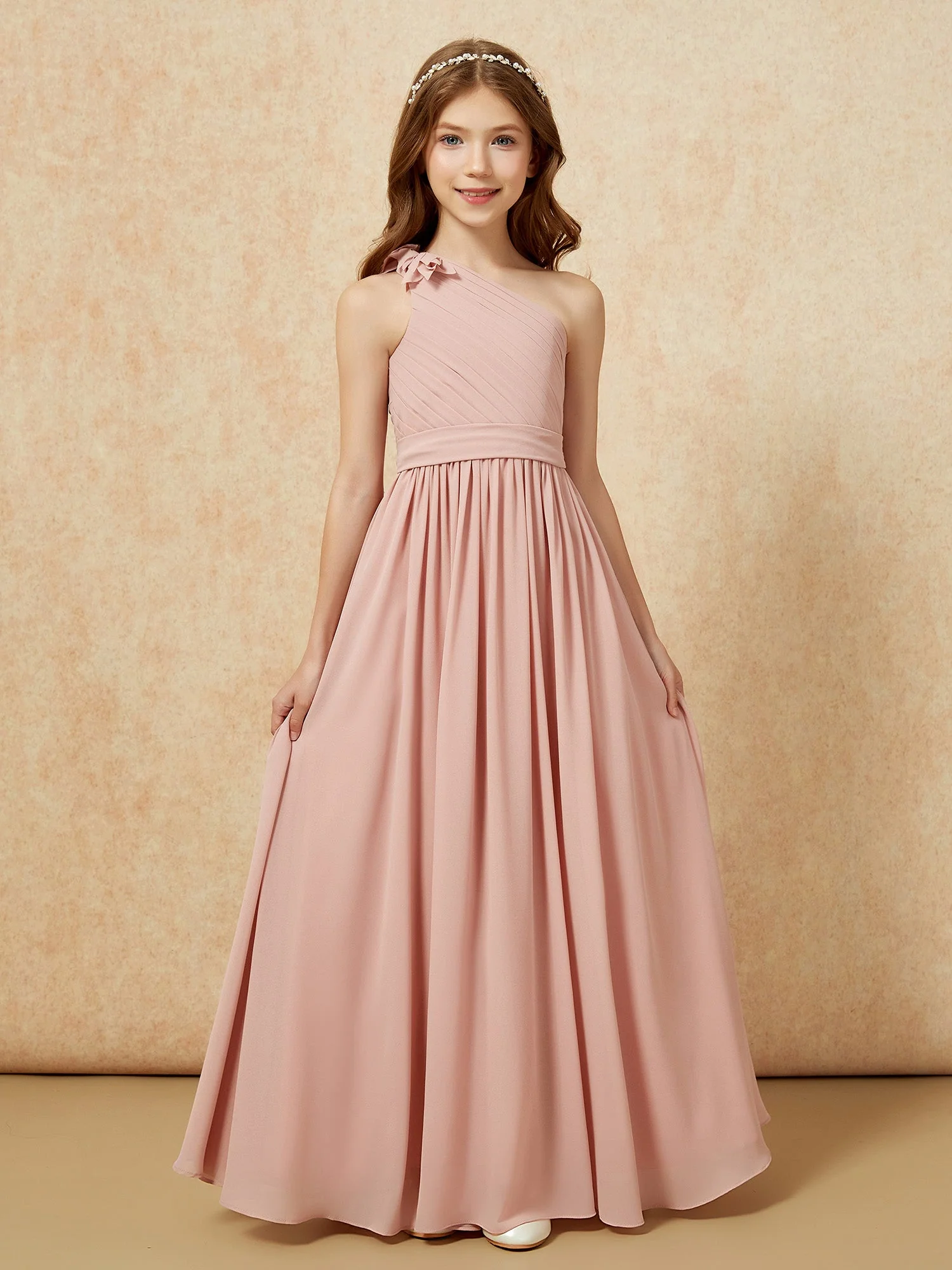 Eine Schulter Lang Junge Brautjungfernkleider mit Gürtel Staubige Rosa - Image 4