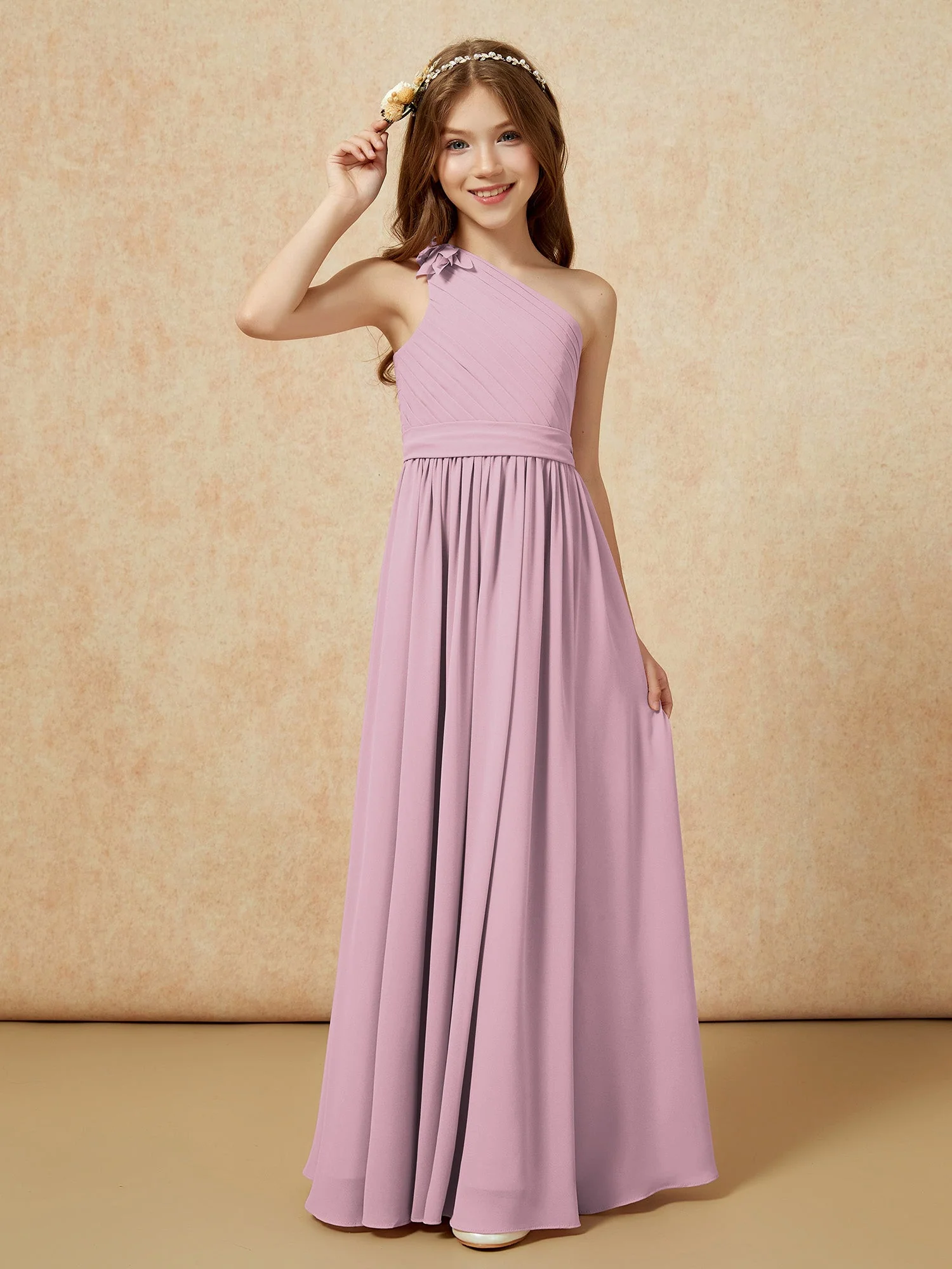 Eine Schulter Lang Junge Brautjungfernkleider mit Gürtel Vintage Mauve - Image 3